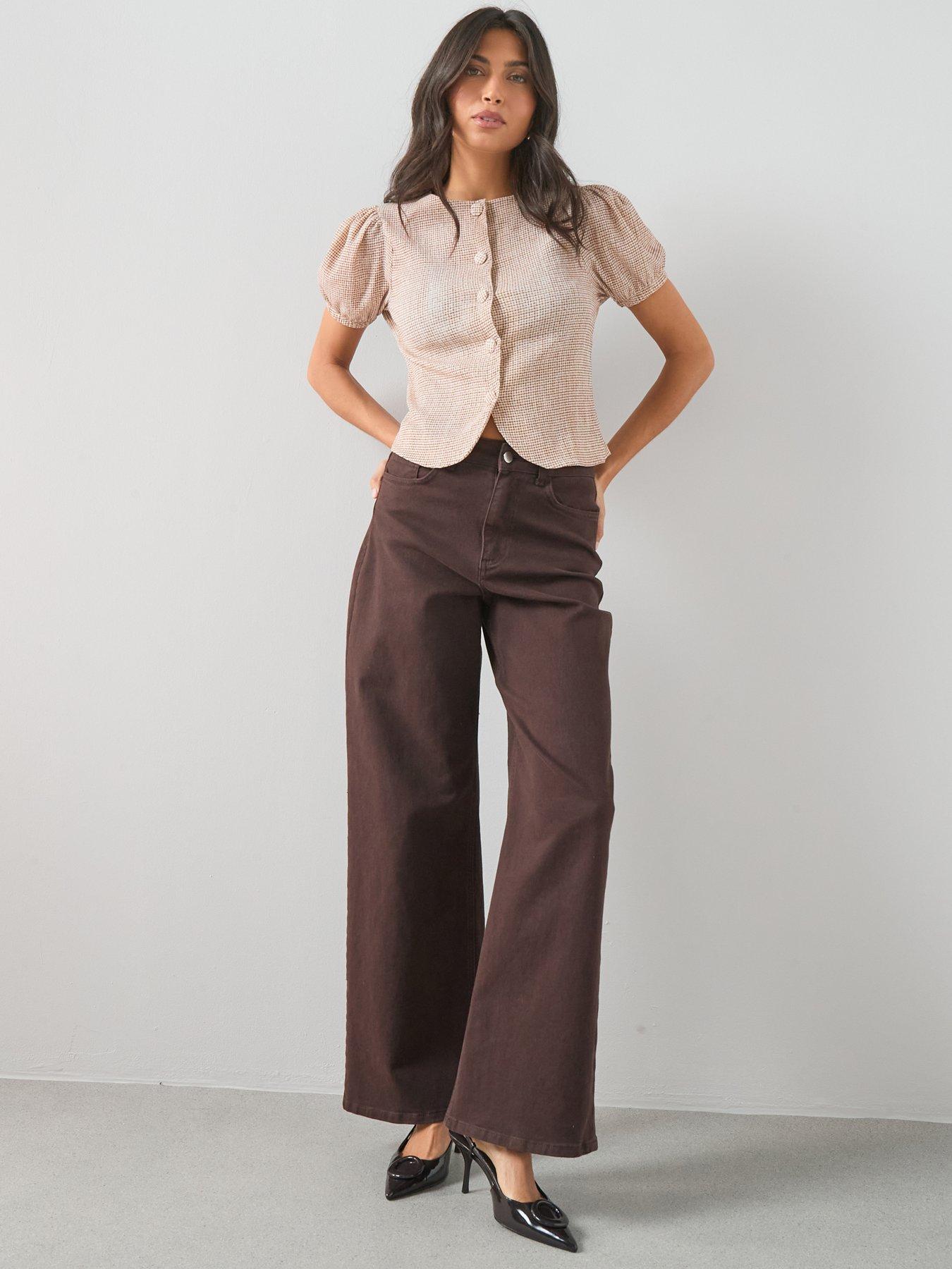 Image 3 of 6 of The Very Collection Gingham Puff Sleeve Button Up Top - Brown