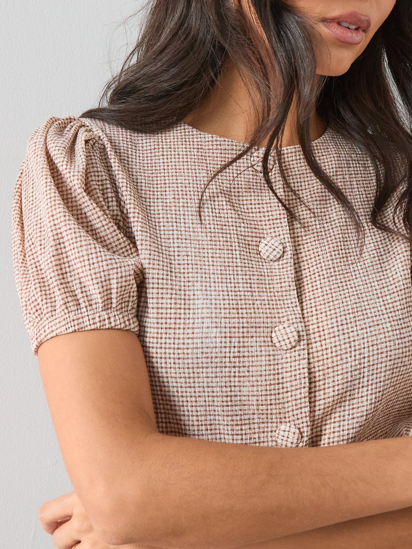 Image 4 of 6 of The Very Collection Gingham Puff Sleeve Button Up Top - Brown
