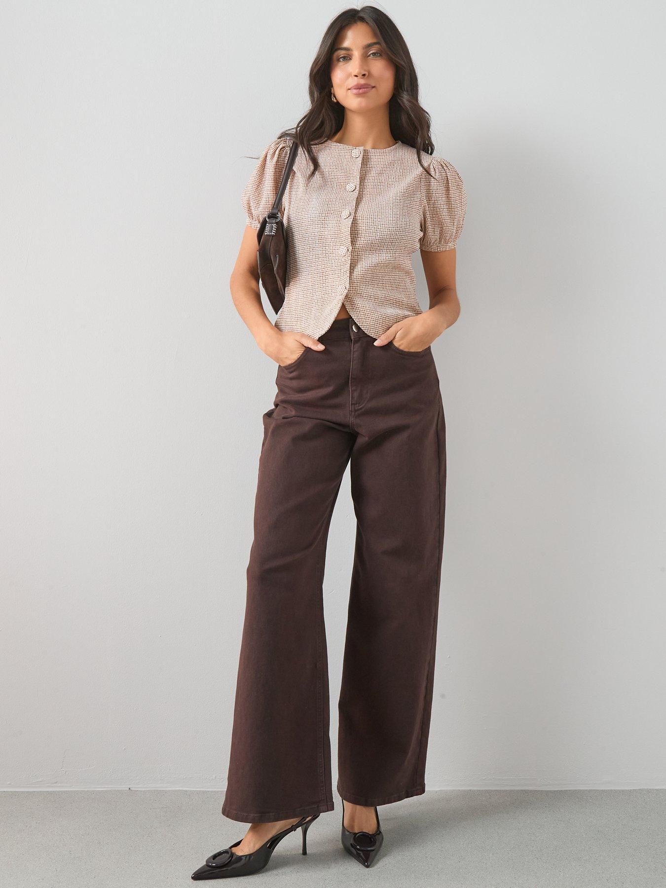 Image 5 of 6 of The Very Collection Gingham Puff Sleeve Button Up Top - Brown