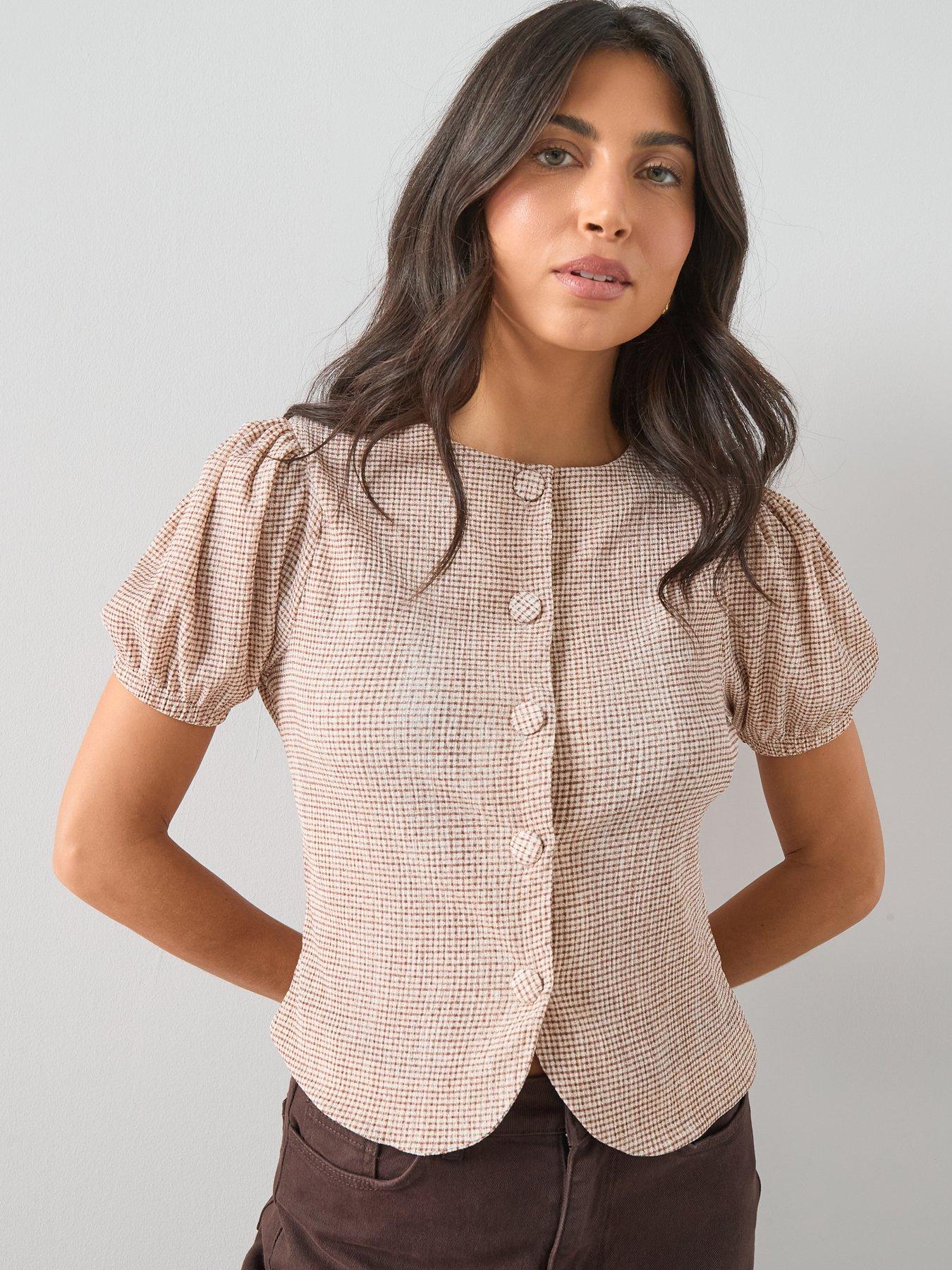 Image 6 of 6 of The Very Collection Gingham Puff Sleeve Button Up Top - Brown