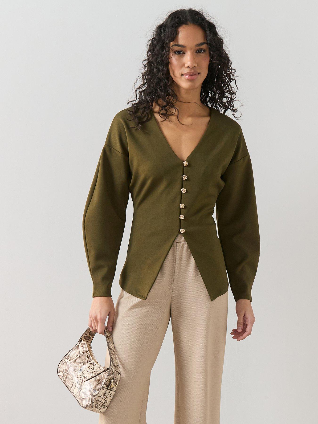 The Very Collection Button Up Volume Sleeve Top - Green