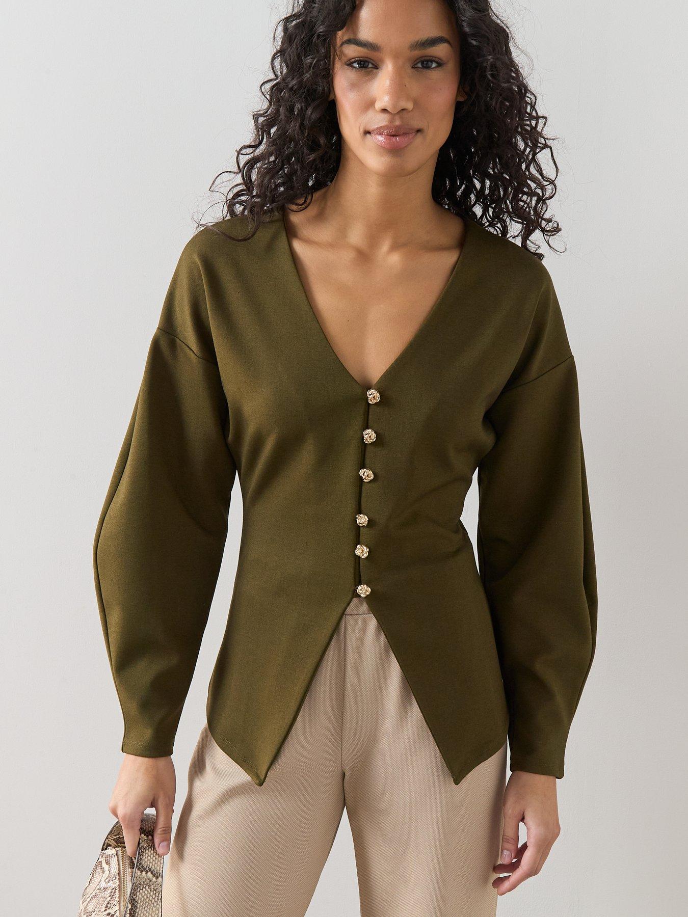 Image 5 of 6 of The Very Collection Button Up Volume Sleeve Top - Green
