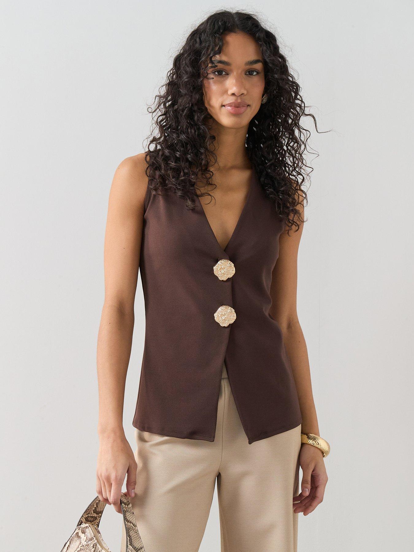 The Very Collection Longline Button Detail Waistcoat Top - Brown