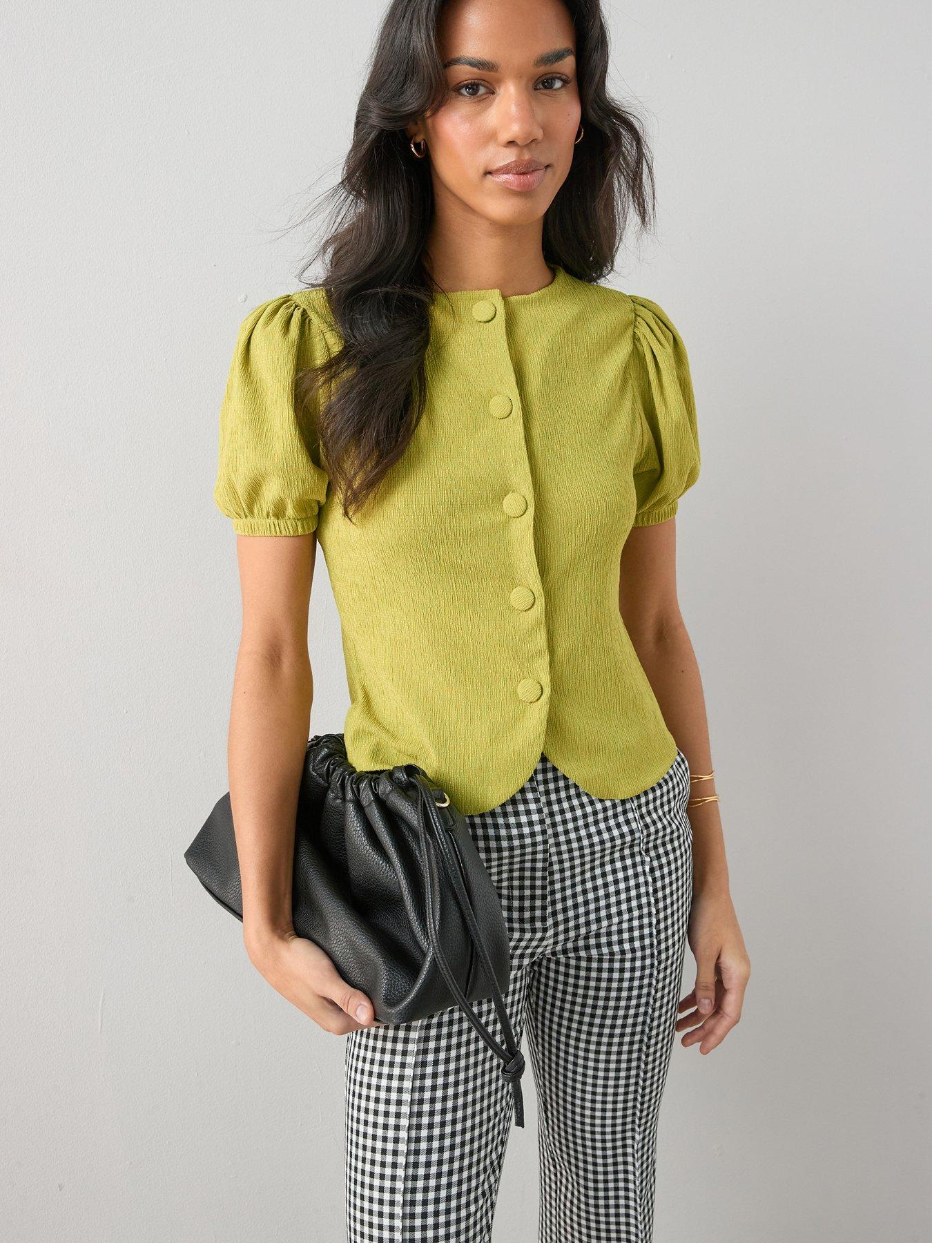 The Very Collection Puff Sleeve Button Up Top - Green