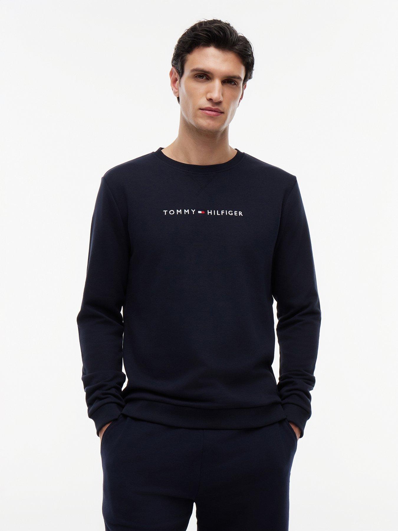 Image 1 of 3 of Tommy Hilfiger Linear Logo Loungewear Sweatshirt- Navy
