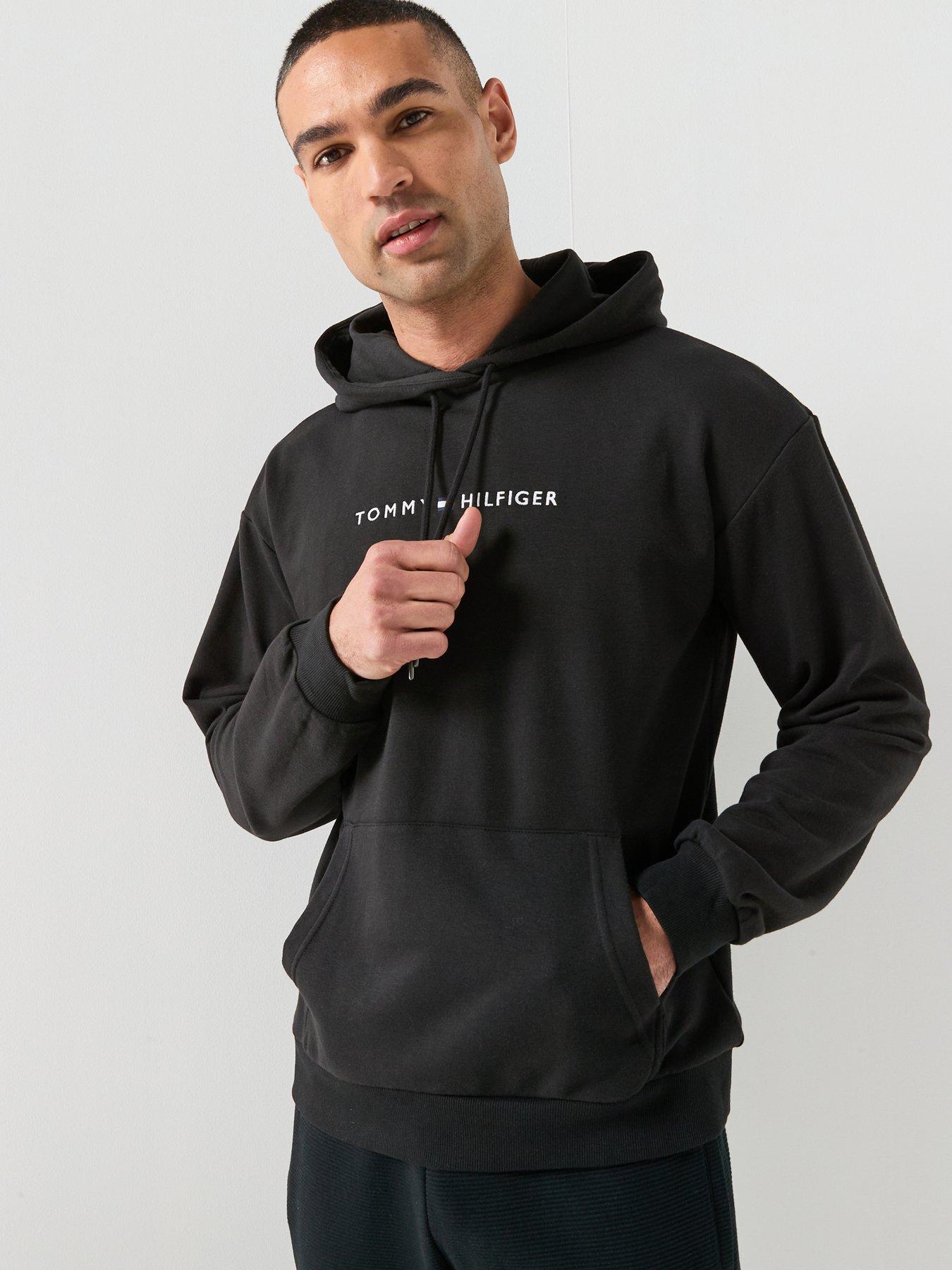 Image 1 of 5 of Tommy Hilfiger Linear Logo Loungewear Overhead Hoodie- Black