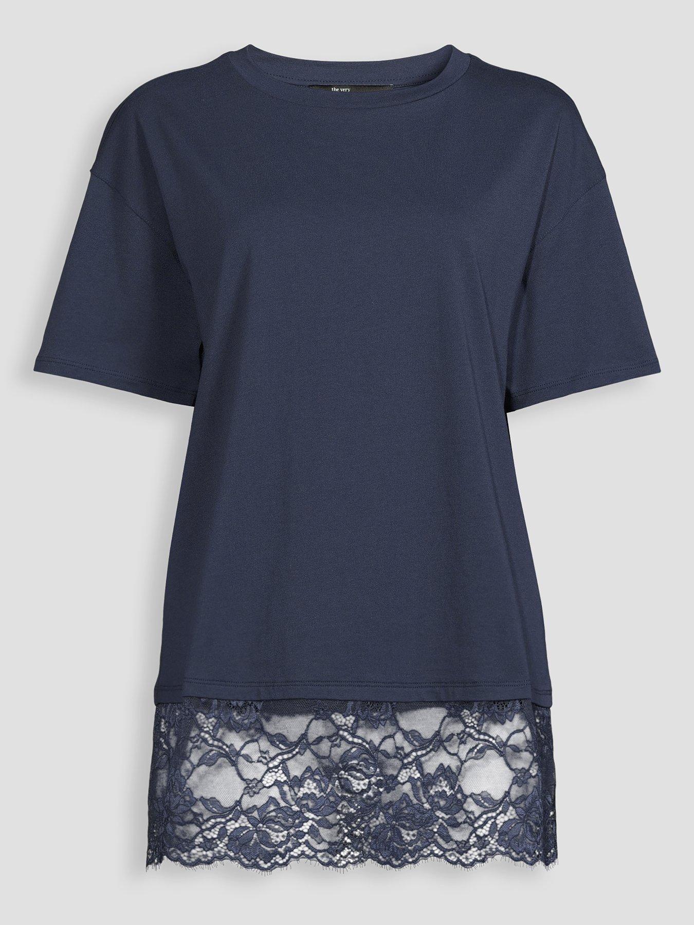 Bluelea Lace　hem long Tee The Very Collection Longline Lace Hem T-Shirt - Navy | Very