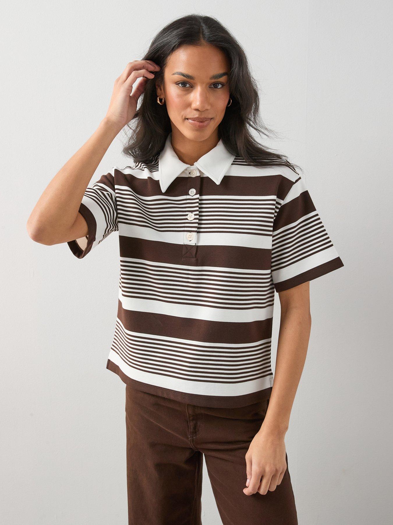 The Very Collection Collared Stripe Short Sleeve Rugby Top - Brown