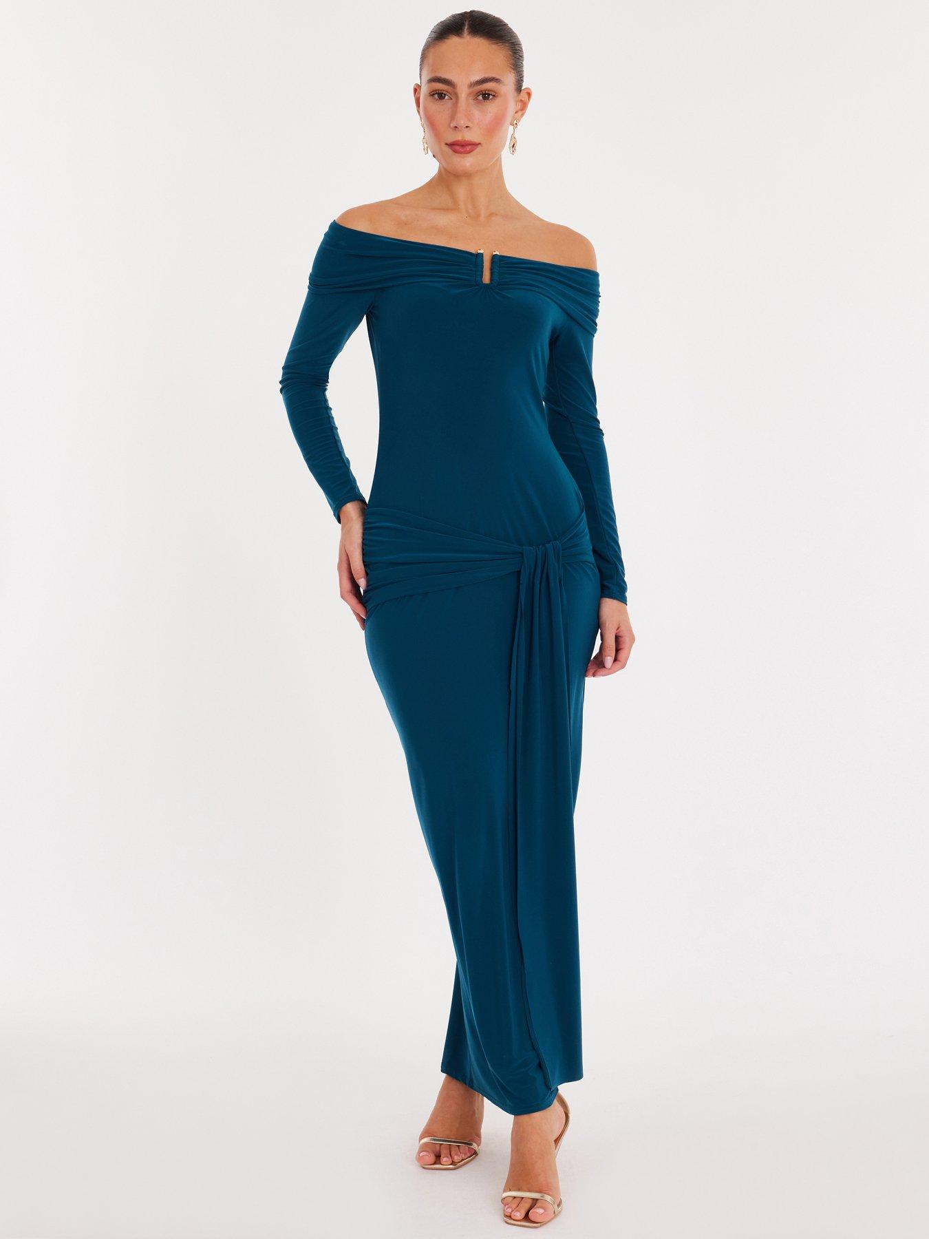 Quiz Teal Ruched Long Sleeve Midaxi Dress