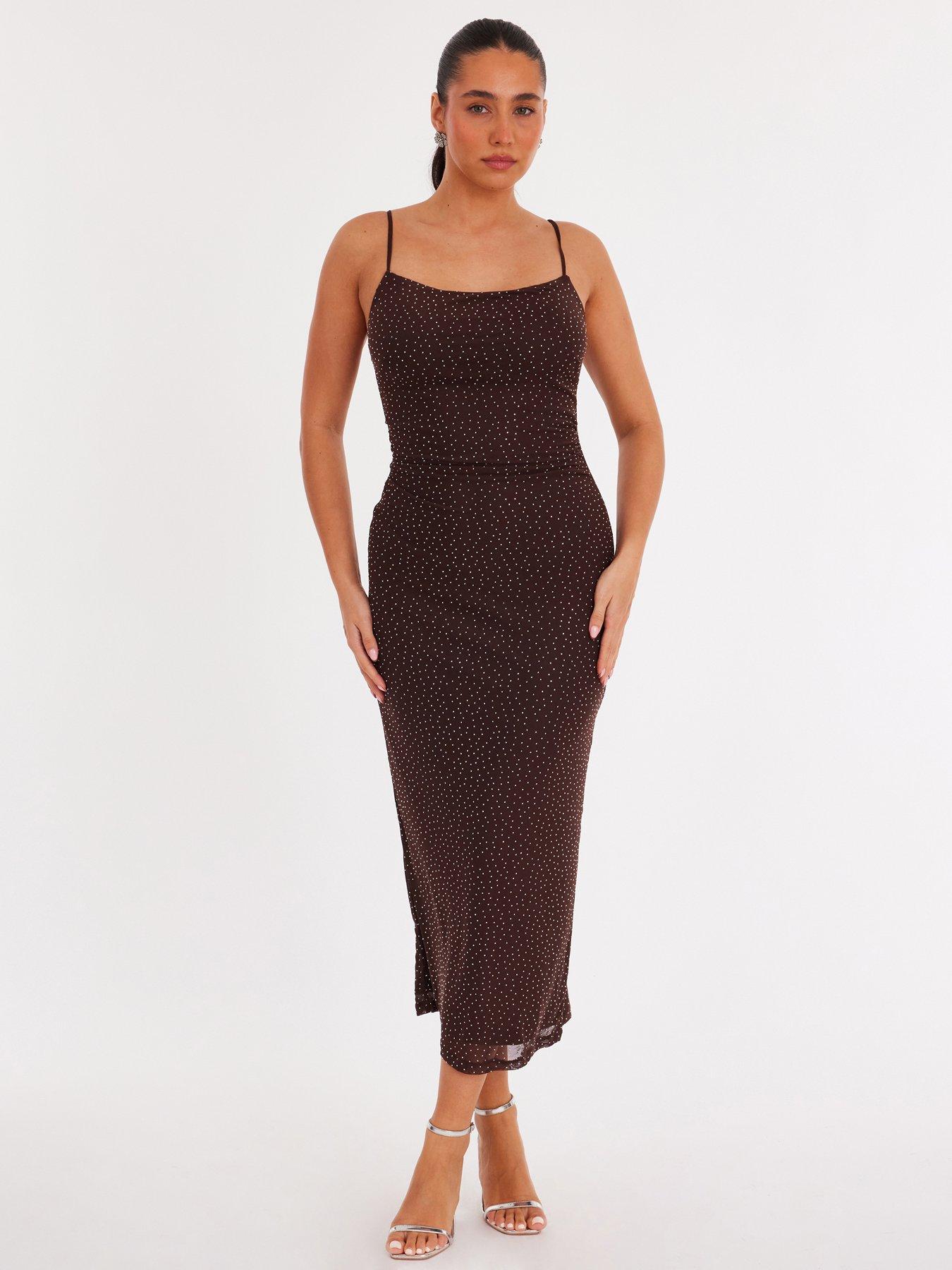 Quiz Brown Diamante Mesh Midaxi Dress