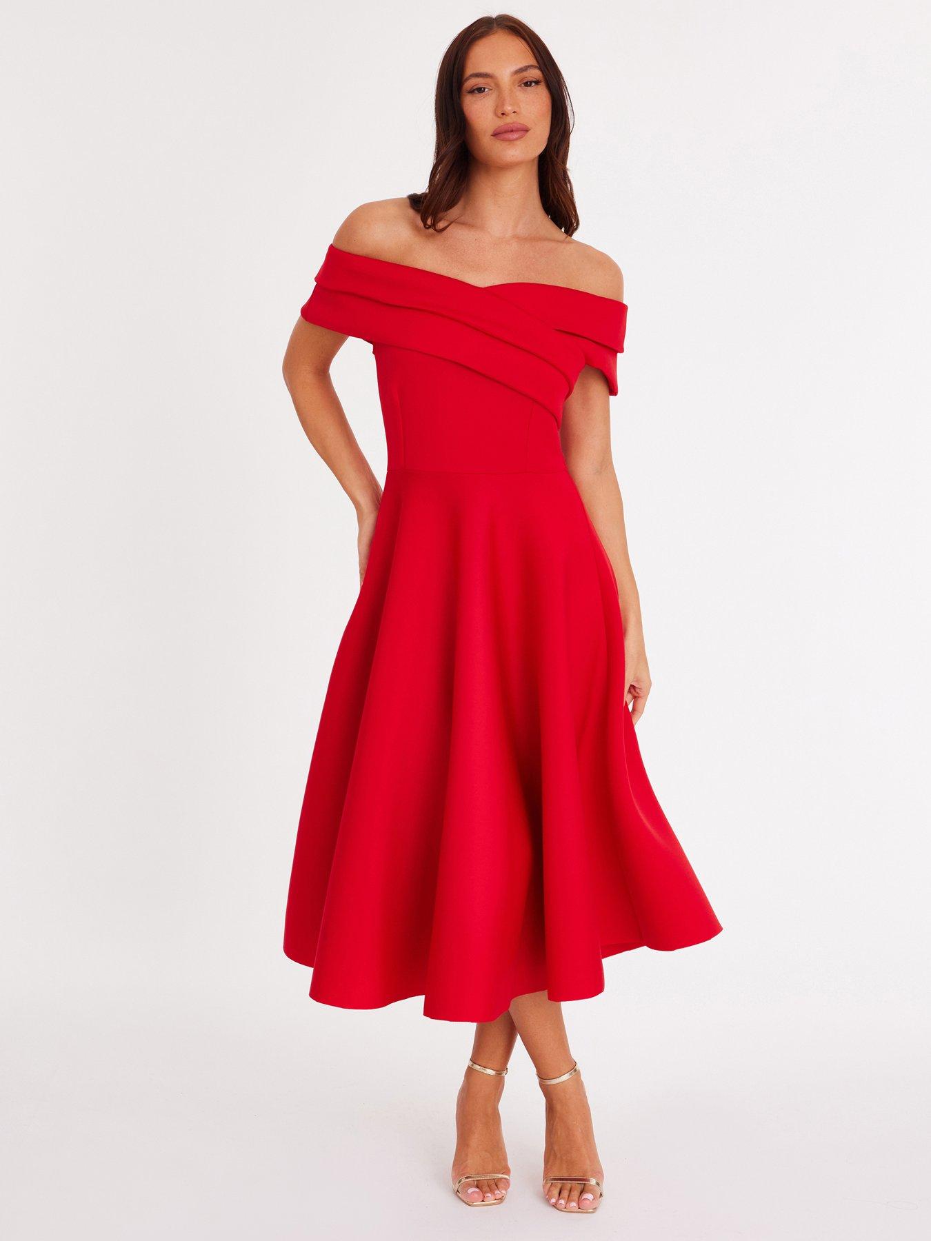 Quiz Red Pleated Bardot Midaxi Dress