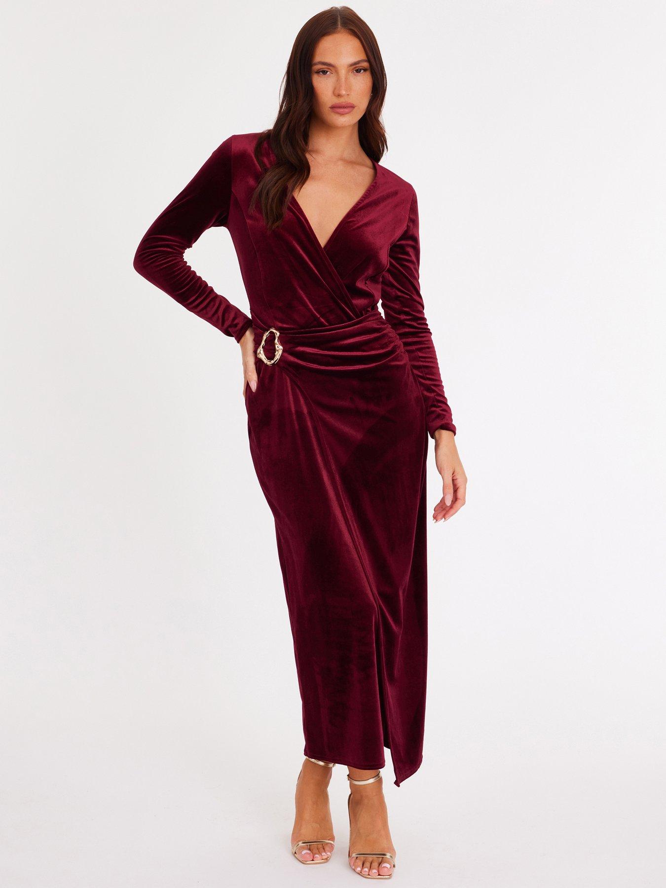 Quiz Burgundy Velvet Wrap Midaxi Dress