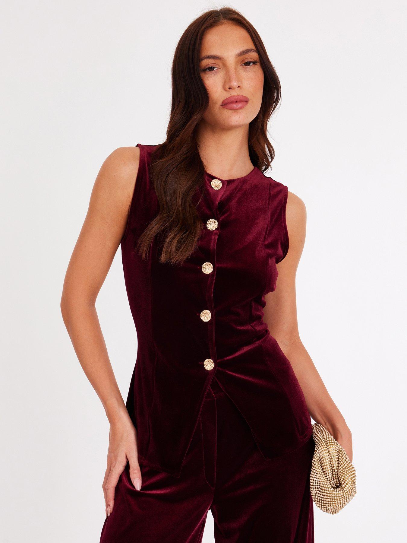 Quiz Burgundy Velvet Round Neck Waistcoat