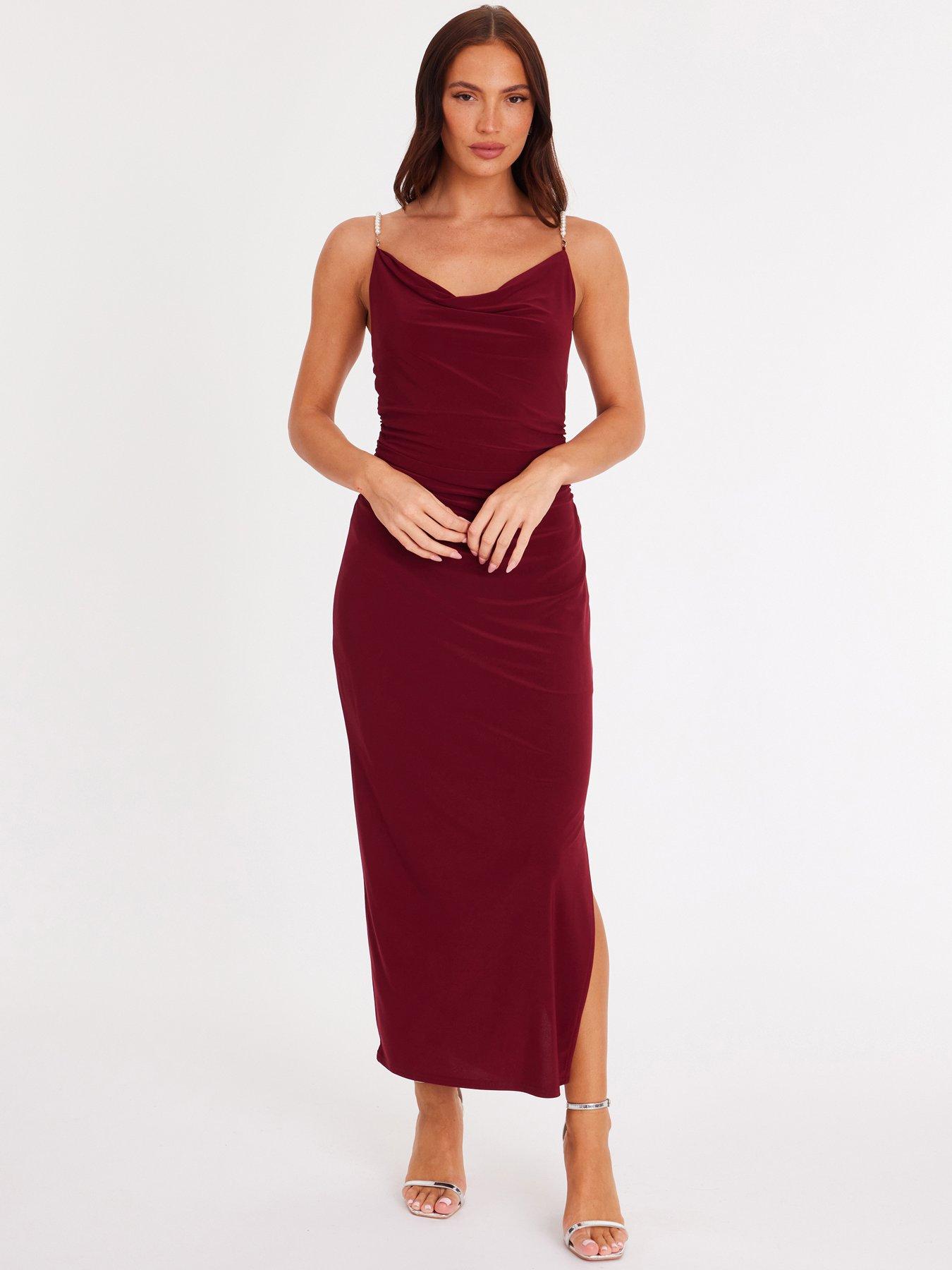 Quiz Burgundy Pearl Strap Midaxi Dress