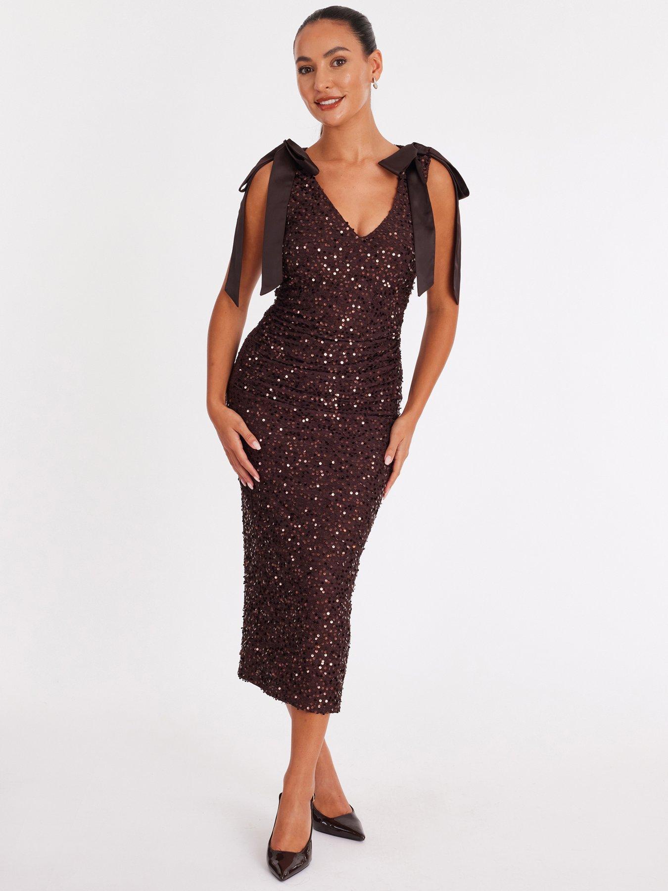 Quiz Petite Brown Sequin Bow Detail Midaxi Dress