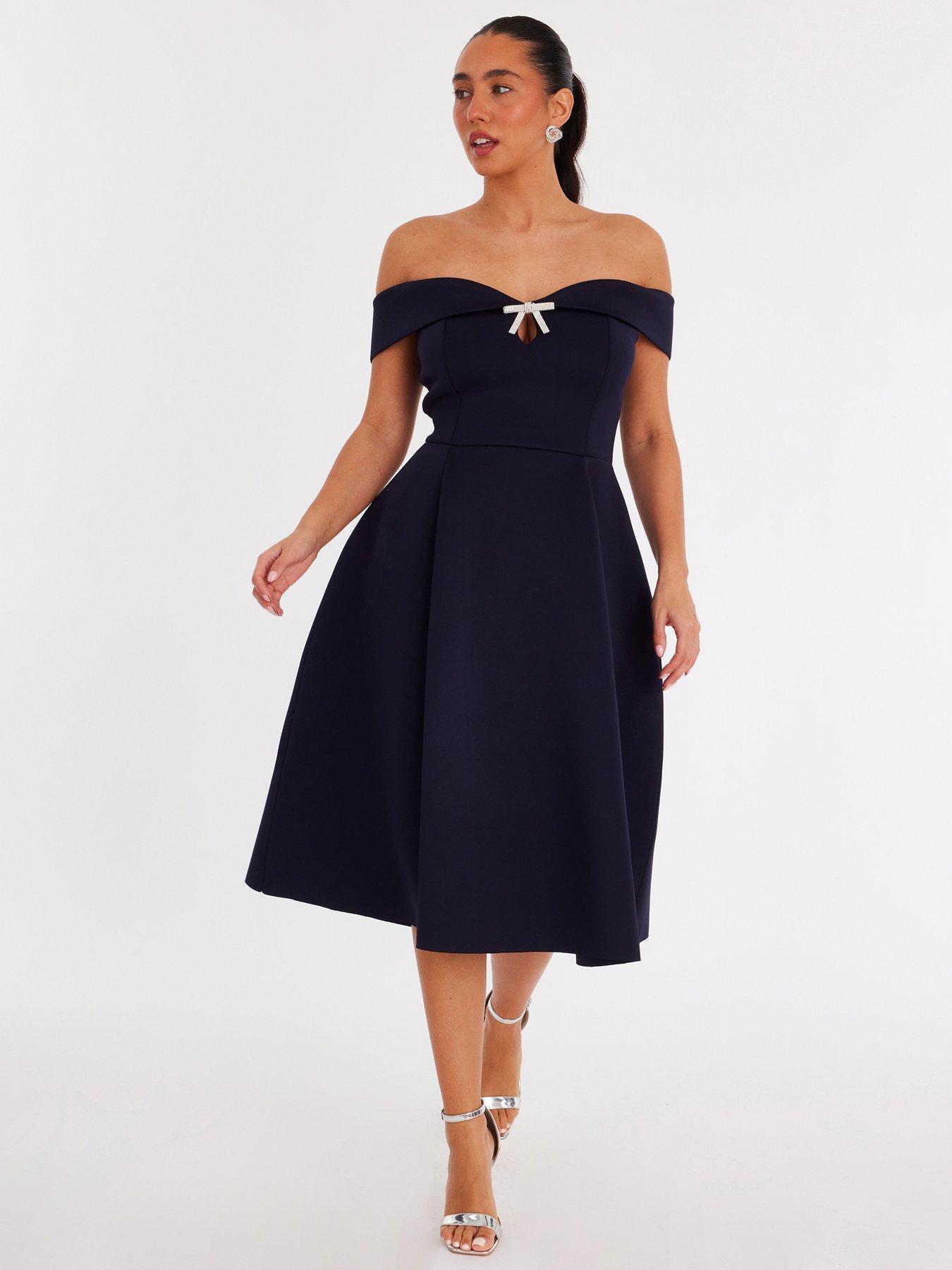 Quiz Navy Bardot Diamante Bow Midi Dress