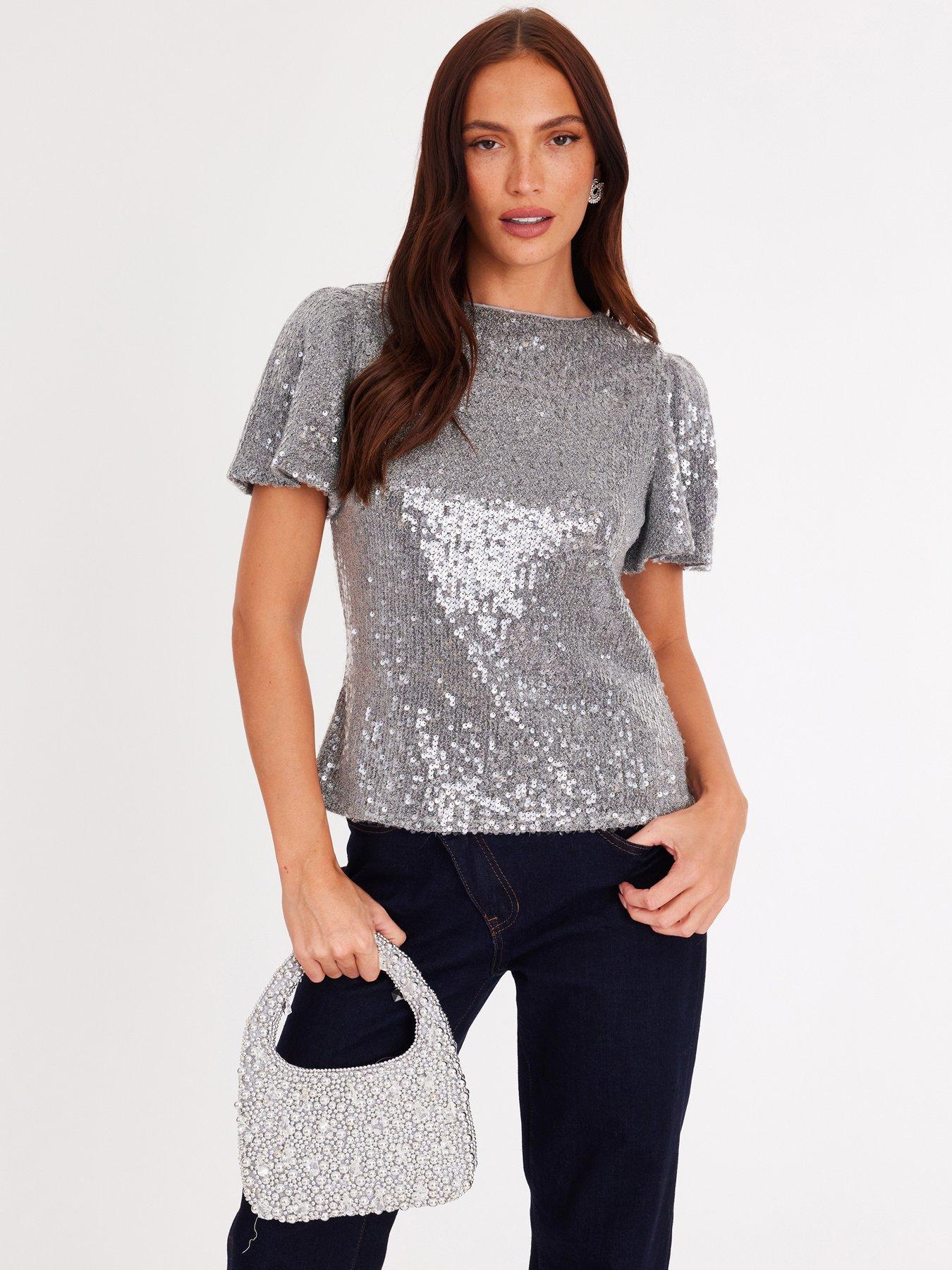 Quiz Silver Sequin Embellished Top
