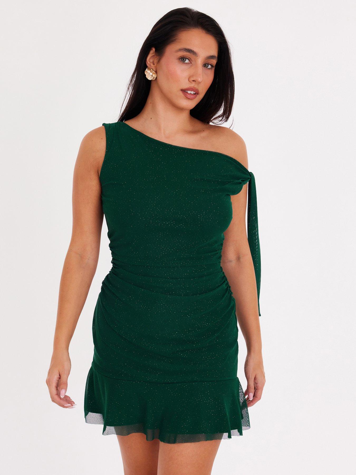 Quiz Bottle Green Glitter Asymmetric Mini Dress