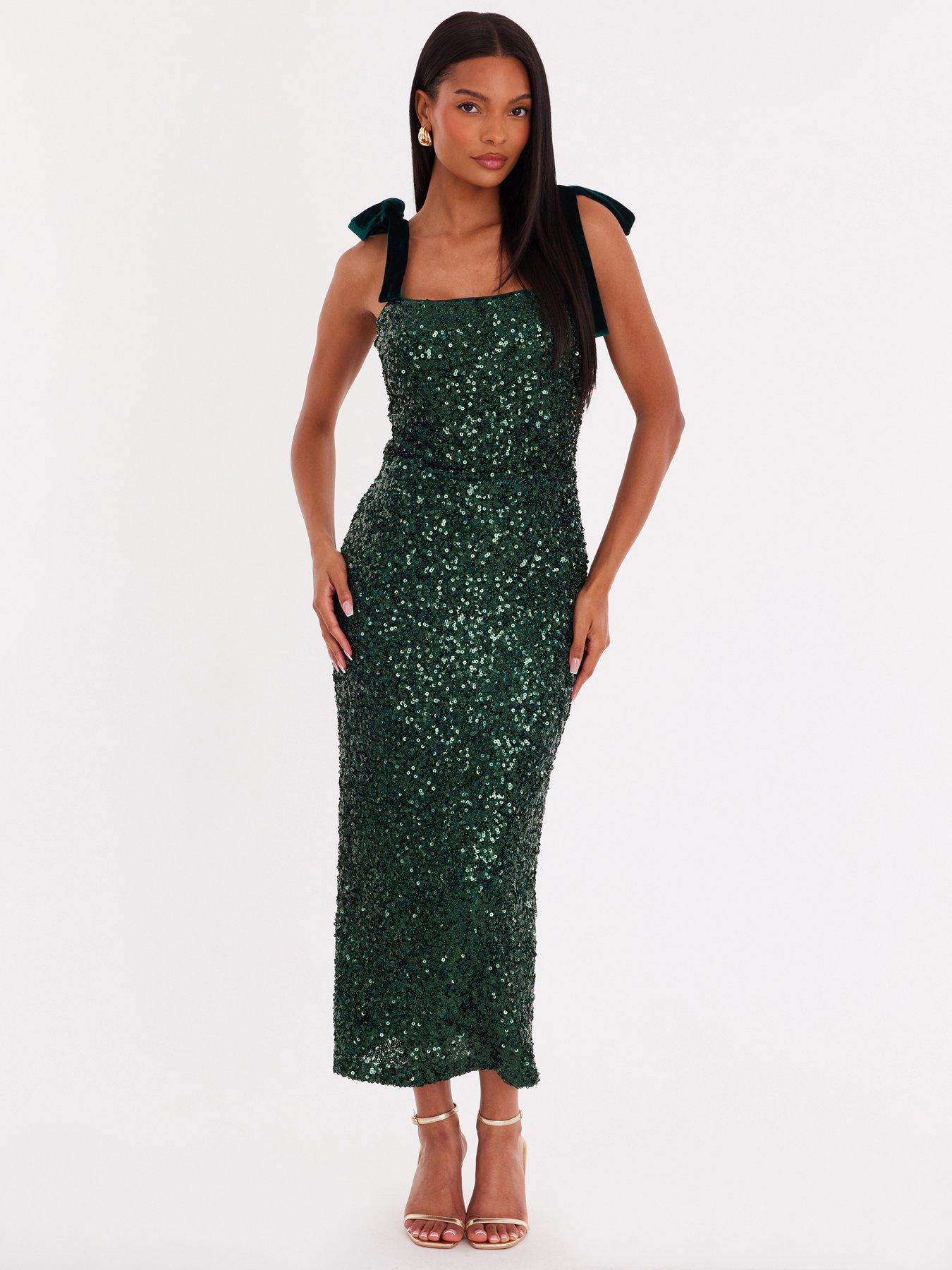 Quiz Green Sequin Bow Detail Midaxi Dress