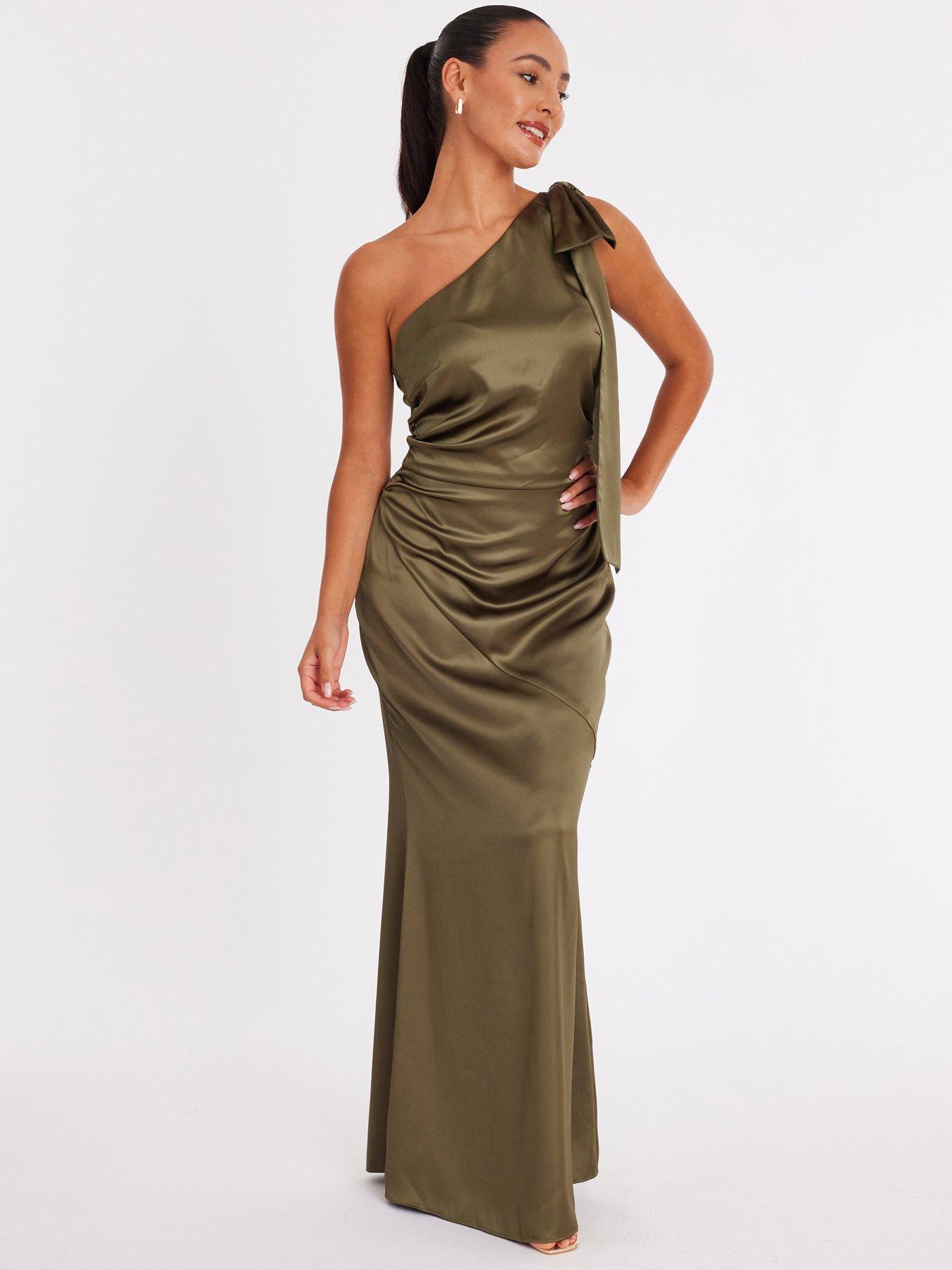 Quiz Olive Satin Bow Shoulder Midaxi Dress