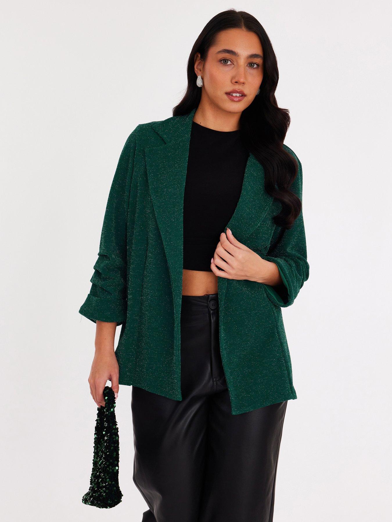 Quiz Bottle Green Glitter Ruched Sleeve Blazer