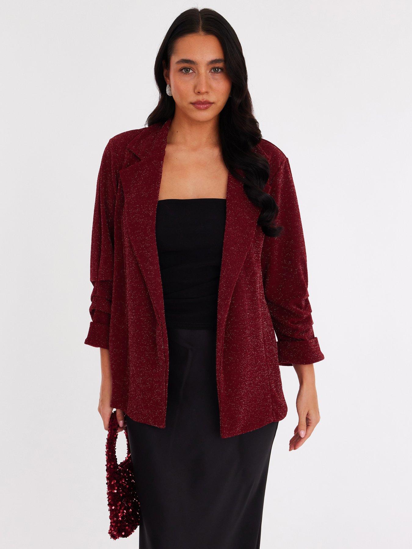 Quiz Burgundy Glitter Ruched Sleeve Blazer
