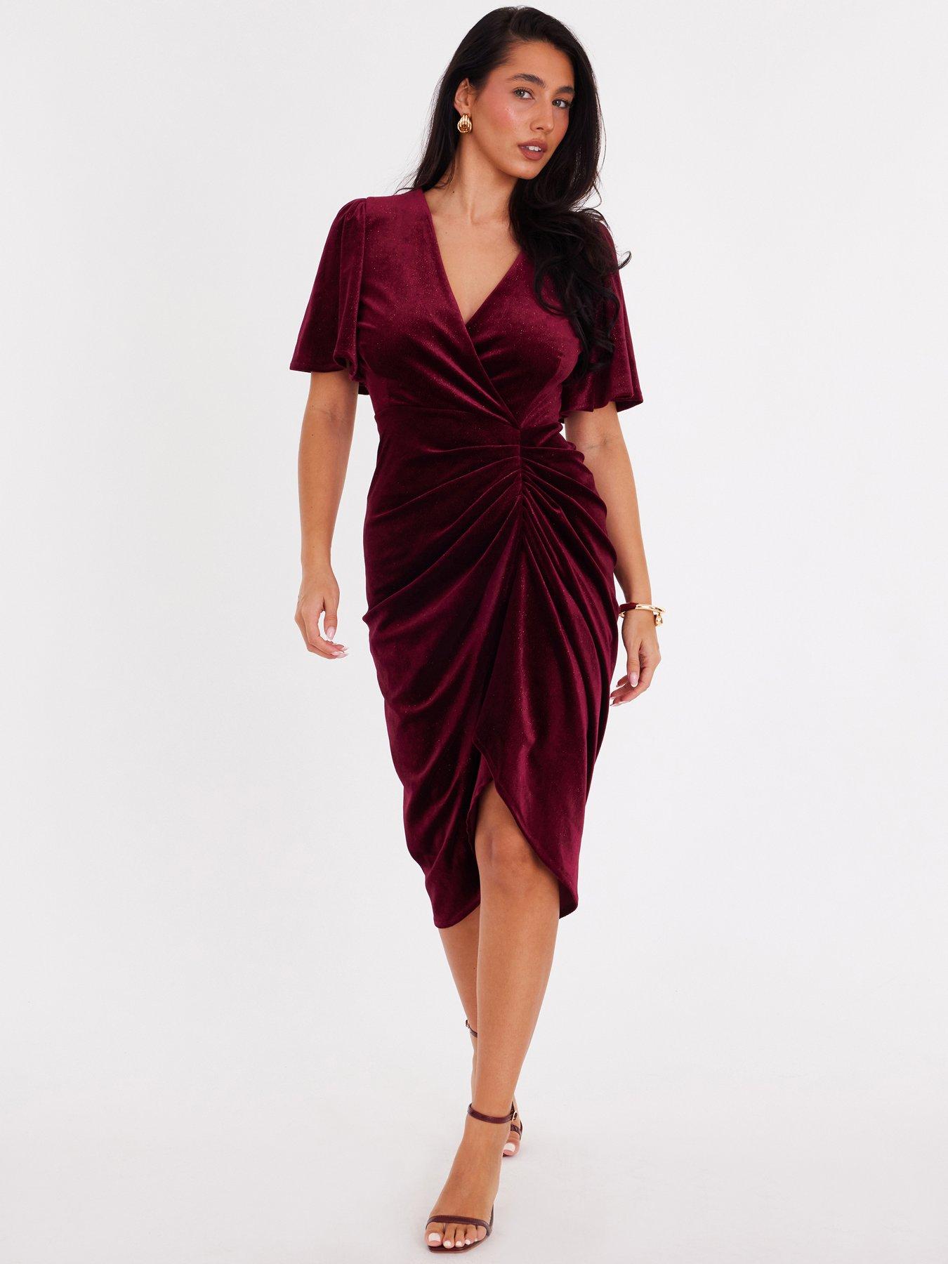 Quiz Burgundy Glitter Velvet Wrap Midi Dress
