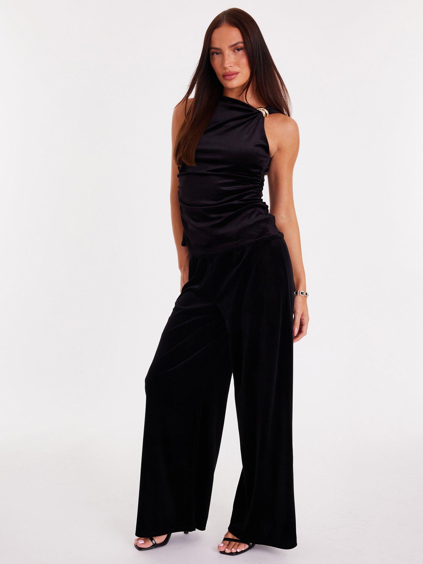 Quiz Black Velvet Wide Leg Trousers