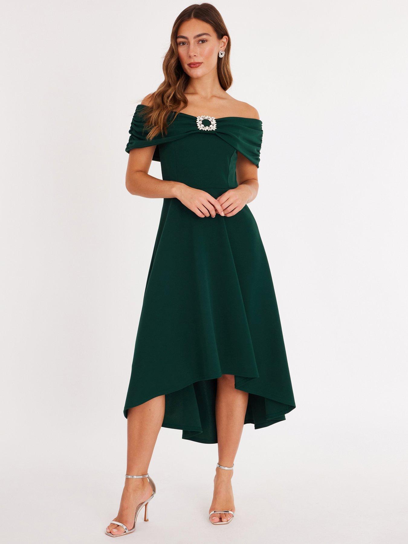 Quiz Bottle Green Diamante Buckle Midi Dress