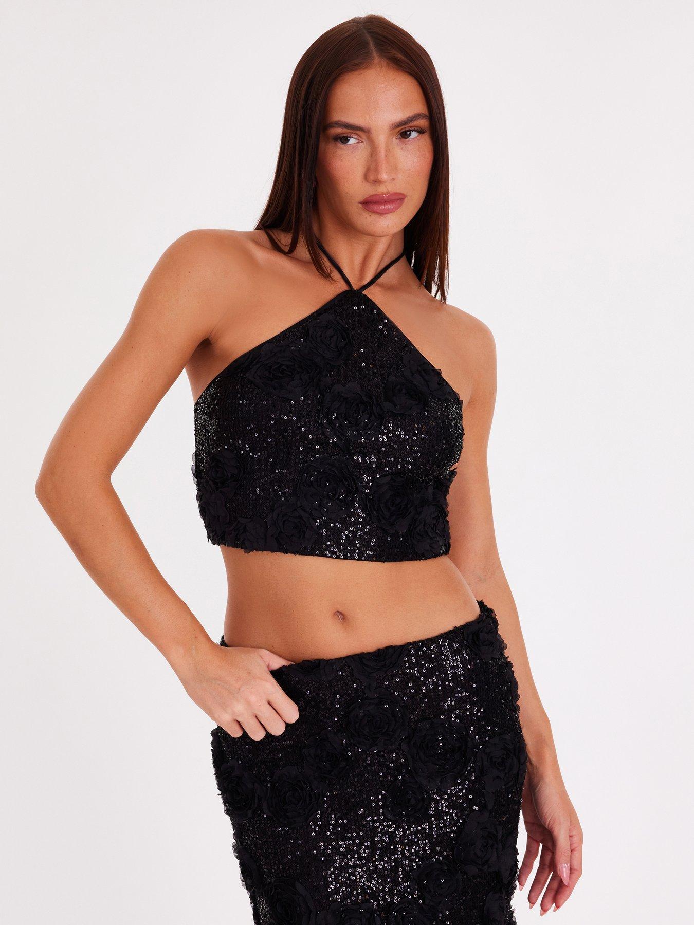 Quiz Black Sequin Floral Halter Top