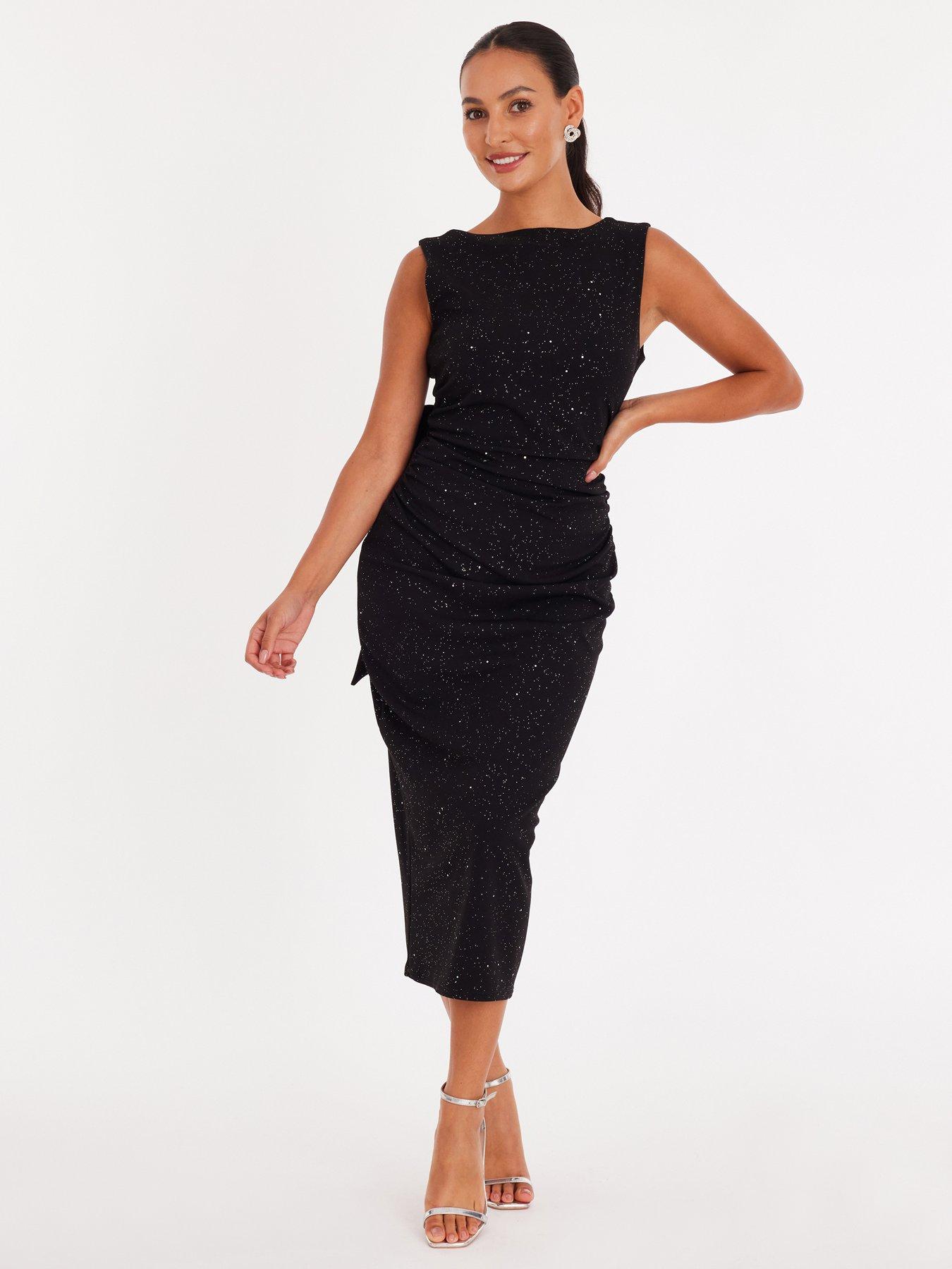 Quiz Petite Black Glitter Bow Midaxi Dress