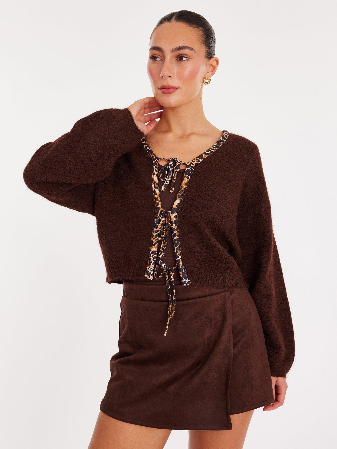 Quiz Brown Leopard Detail Tie Front Cardigan