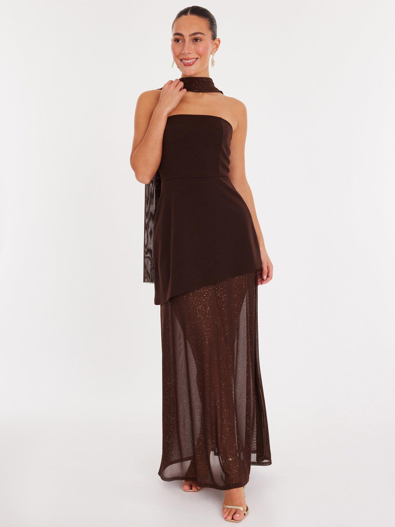 Quiz Brown Strapless Mesh Hem Maxi Dress
