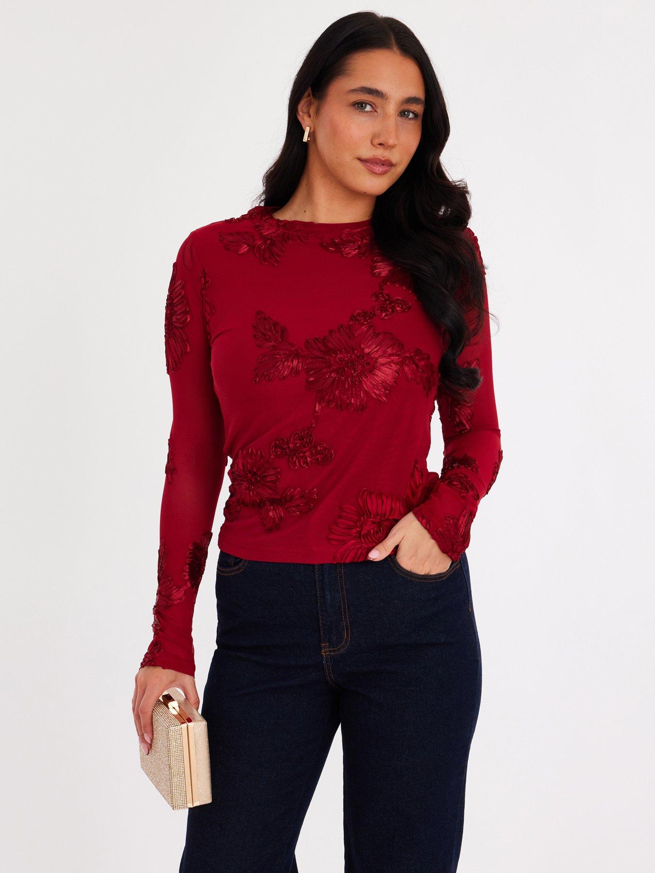 Quiz Burgundy Floral Applique Crop Top