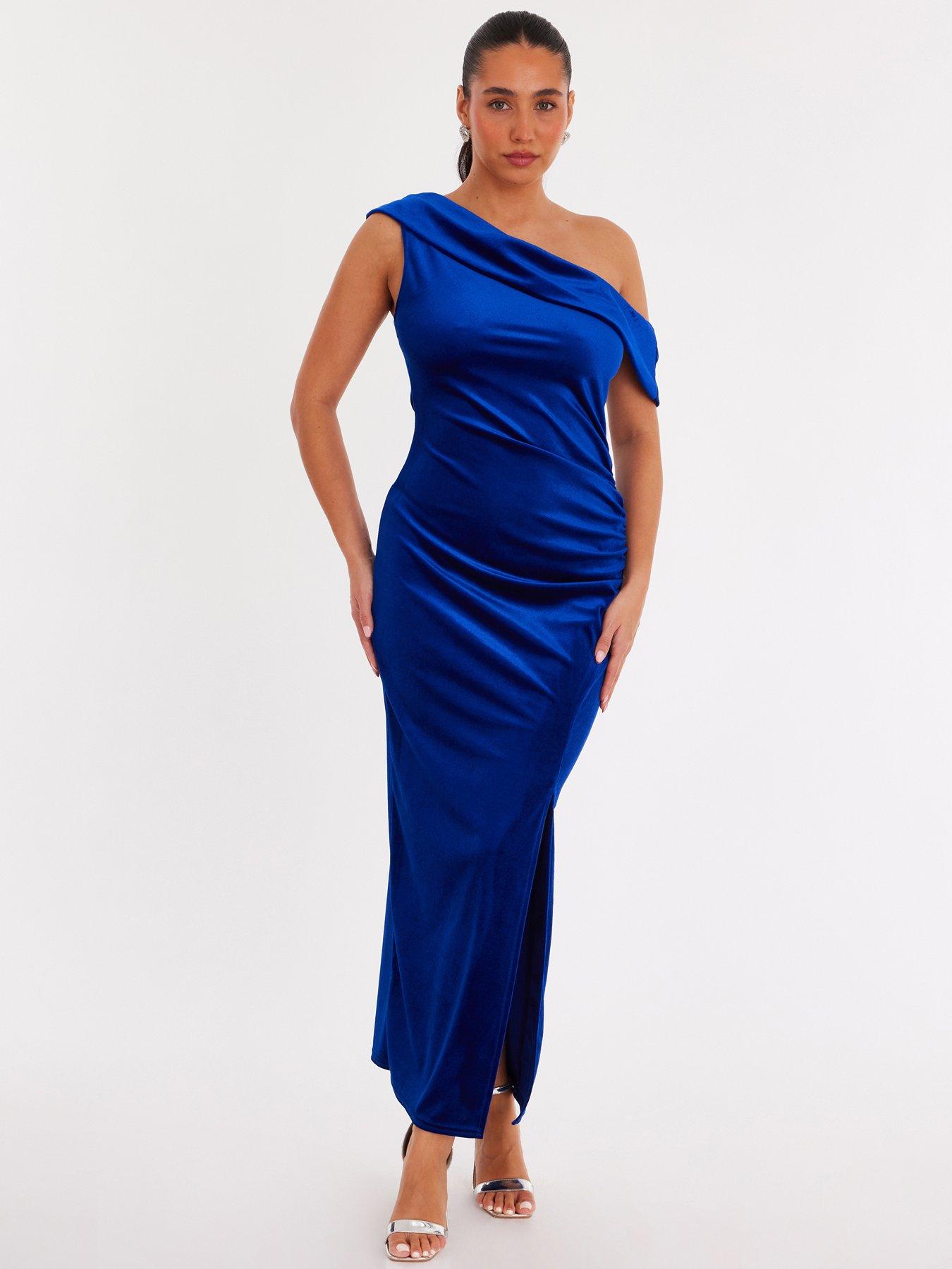 Quiz Royal Blue Velvet One Shoulder Midaxi Dress