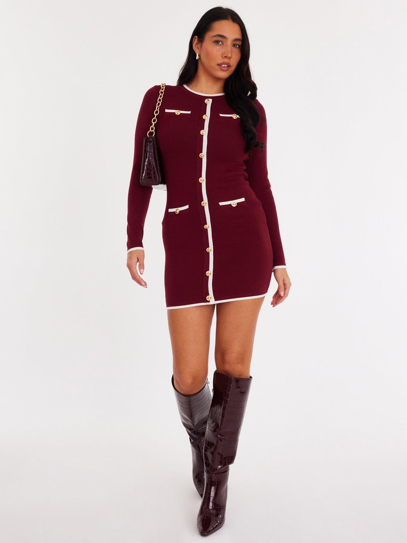 Quiz Burgundy Contrast Knit Mini Dress