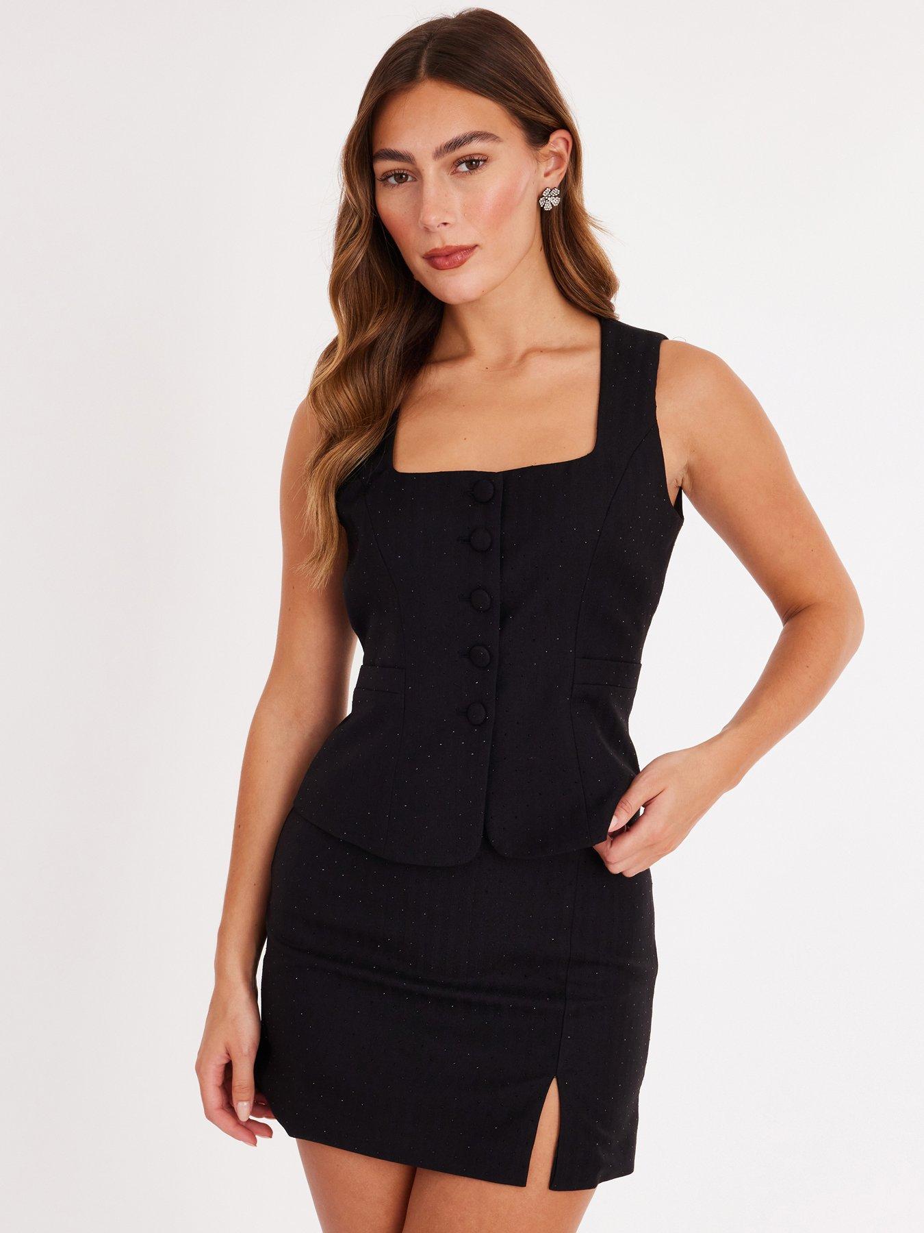 Quiz Black Diamante Square Neck Waistcoat