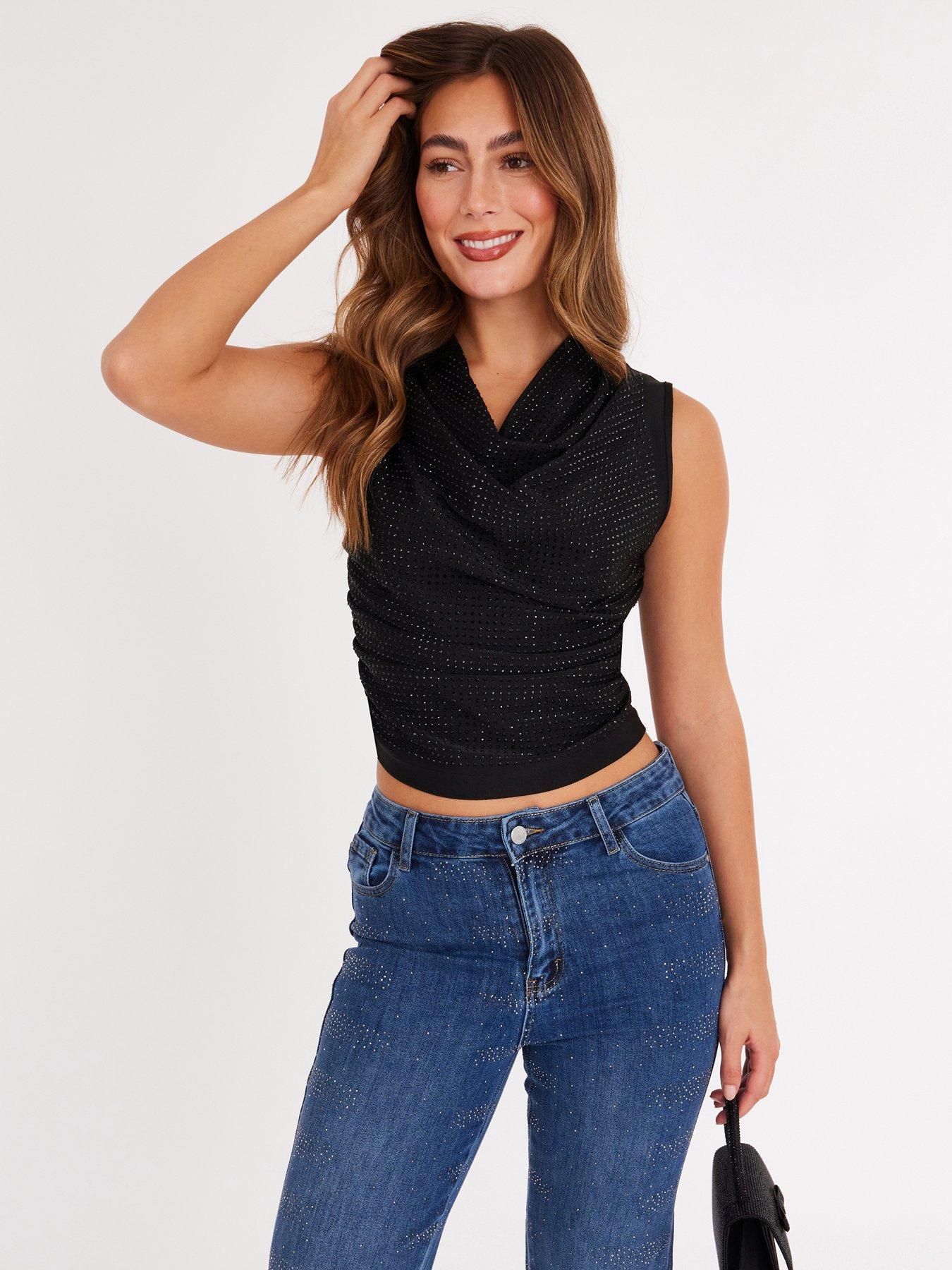 Quiz Black Diamante Cowl Neck Top