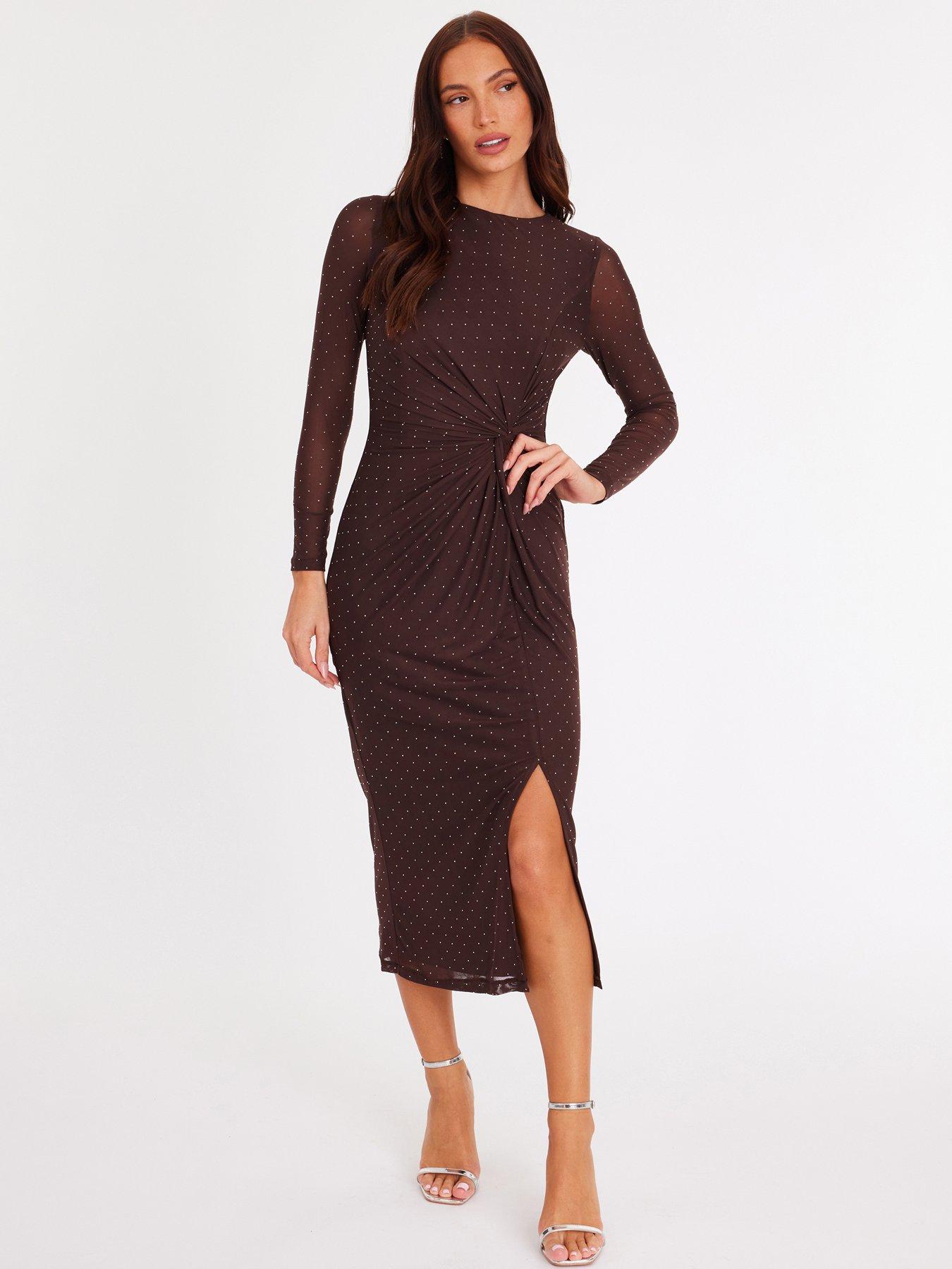Quiz Petite Brown Diamante Mesh Midaxi Dress