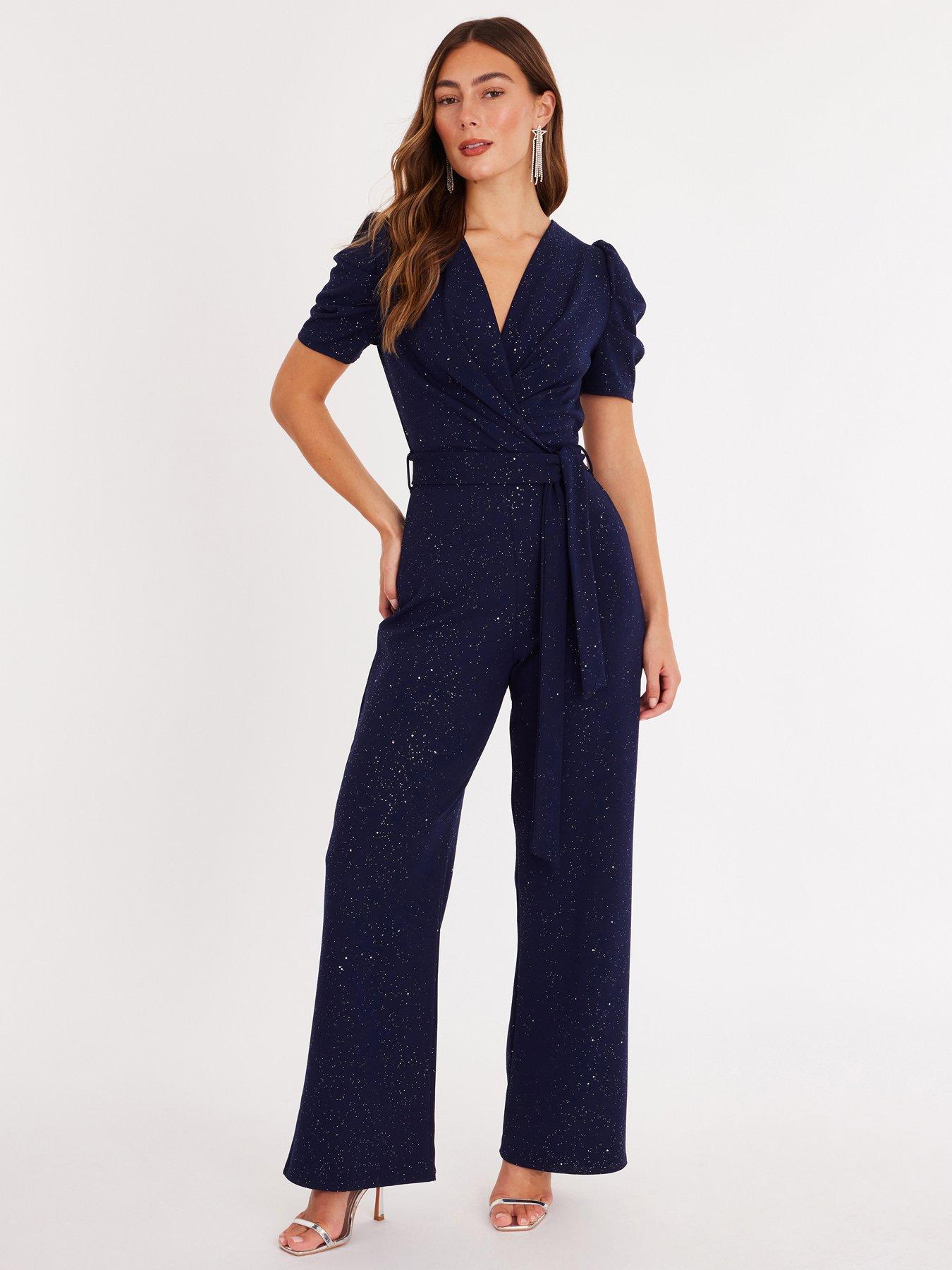 Quiz Navy Glitter Puff Sleeve Jumpsuit