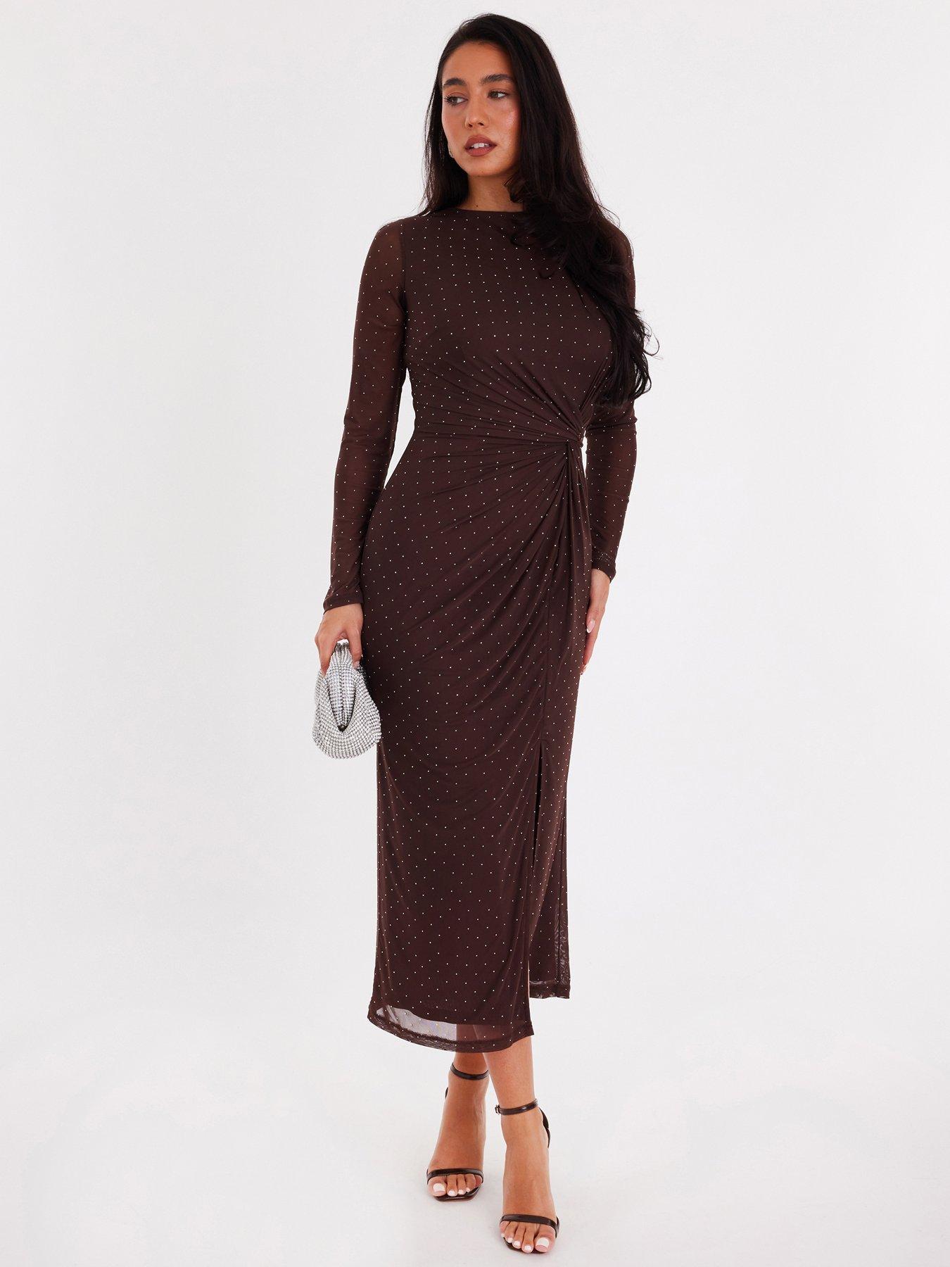 Quiz Brown Diamante Mesh Midaxi Dress