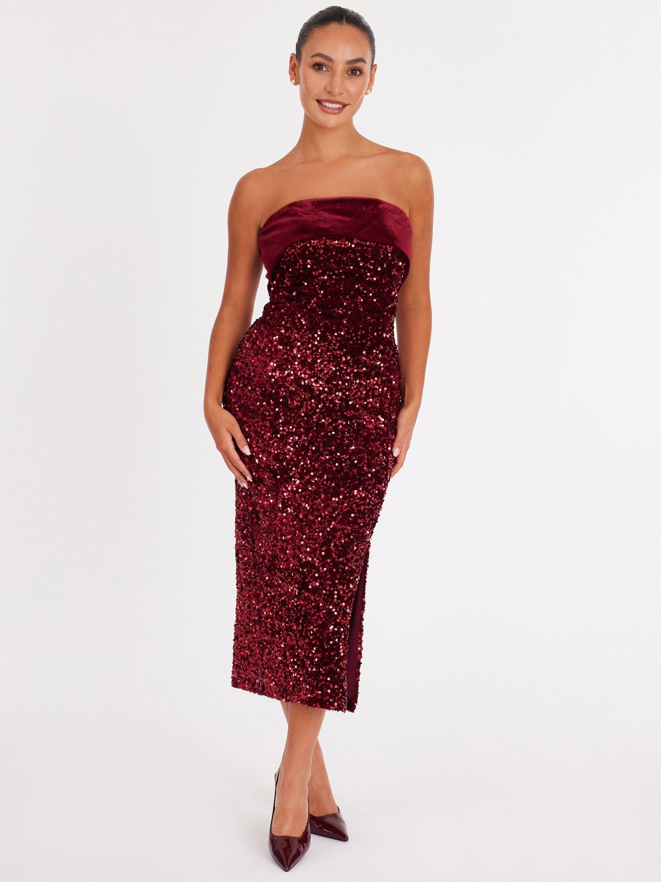 Quiz Petite Burgundy Strapless Sequin Midaxi Dress