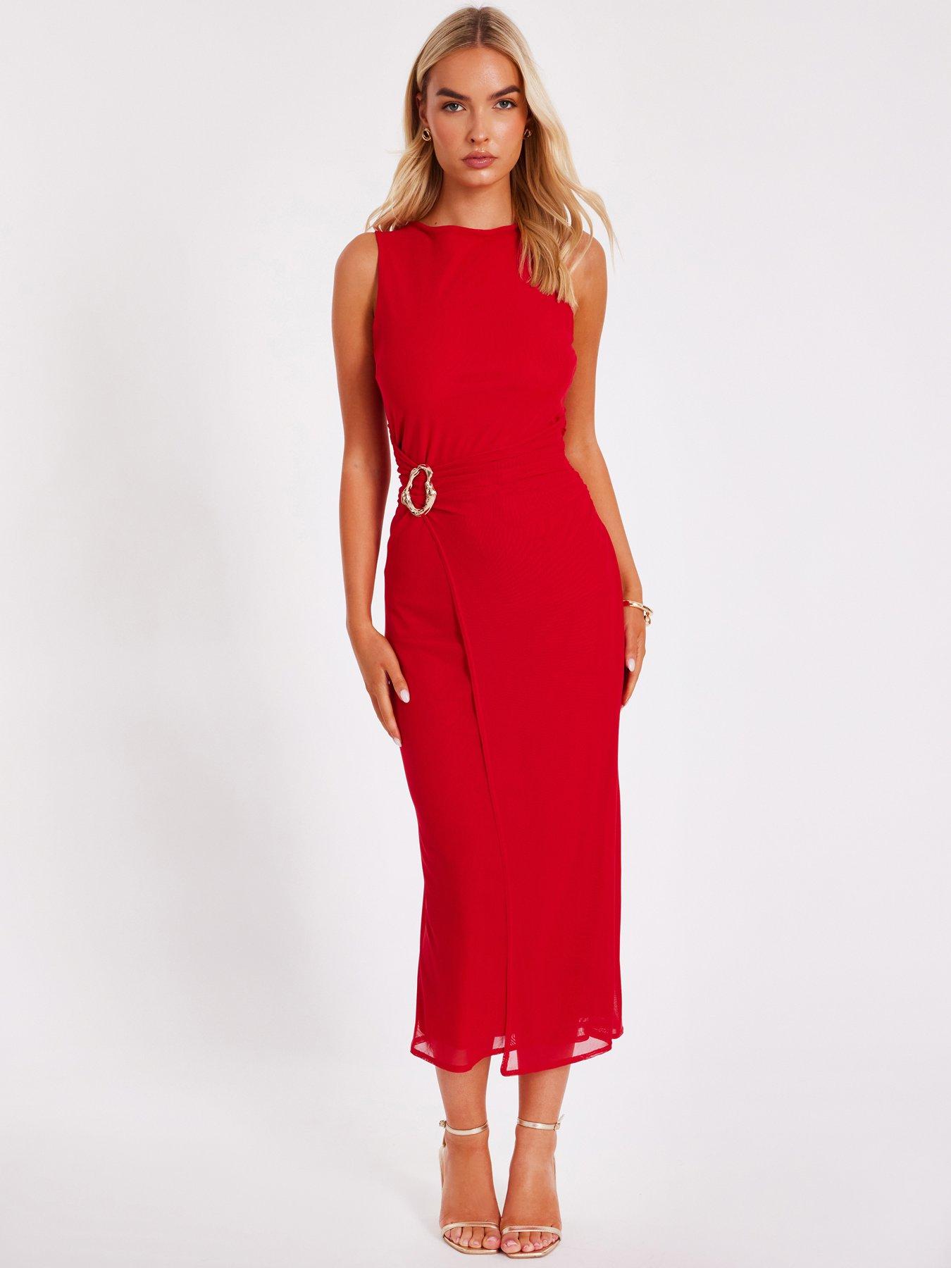 Quiz Red Mesh Buckle Midaxi Dress