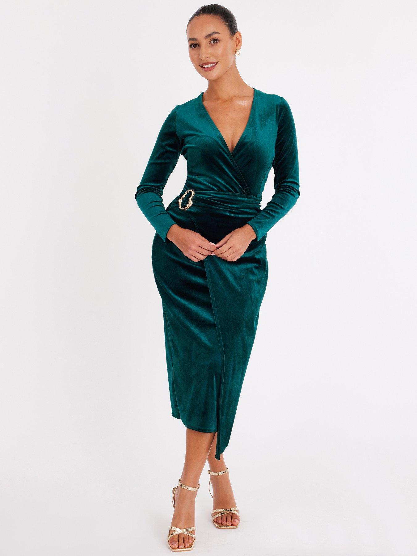 Quiz Petite Bottle Green Velvet Wrap Midaxi Dress