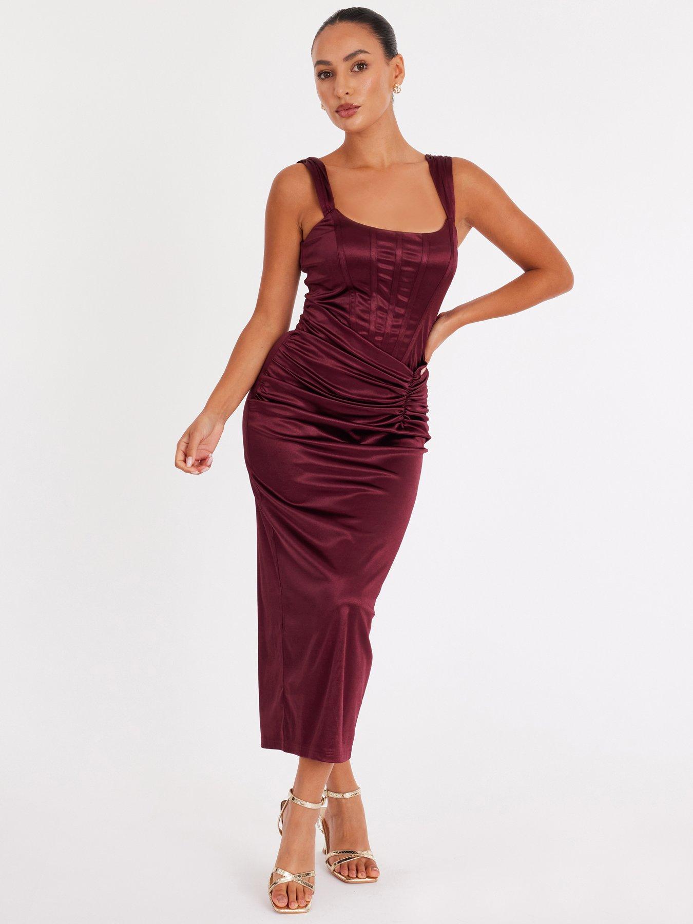 Quiz Petite Burgundy Square Neck Satin Midaxi Dress