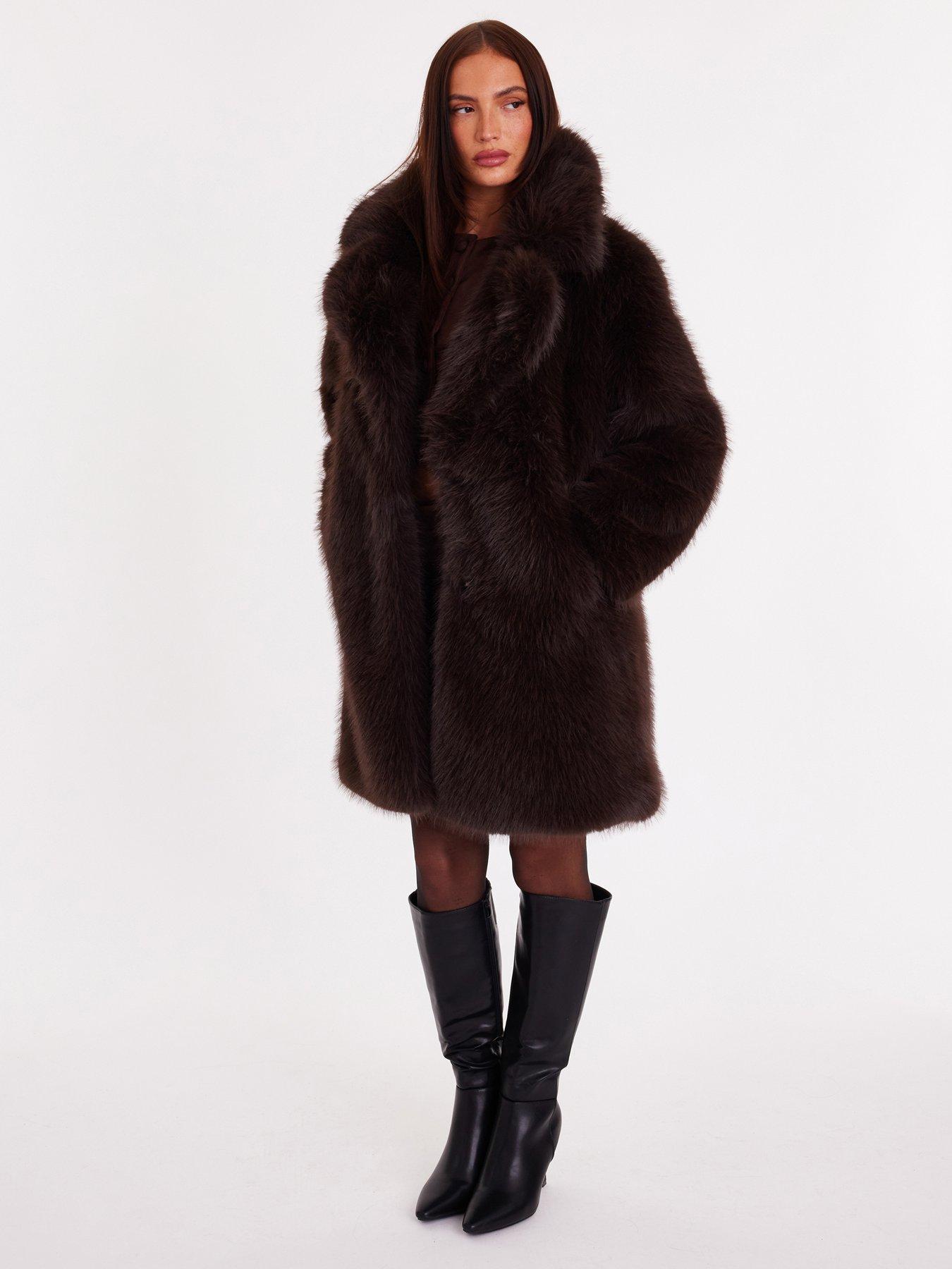 Quiz Brown Faux Fur Longline Coat