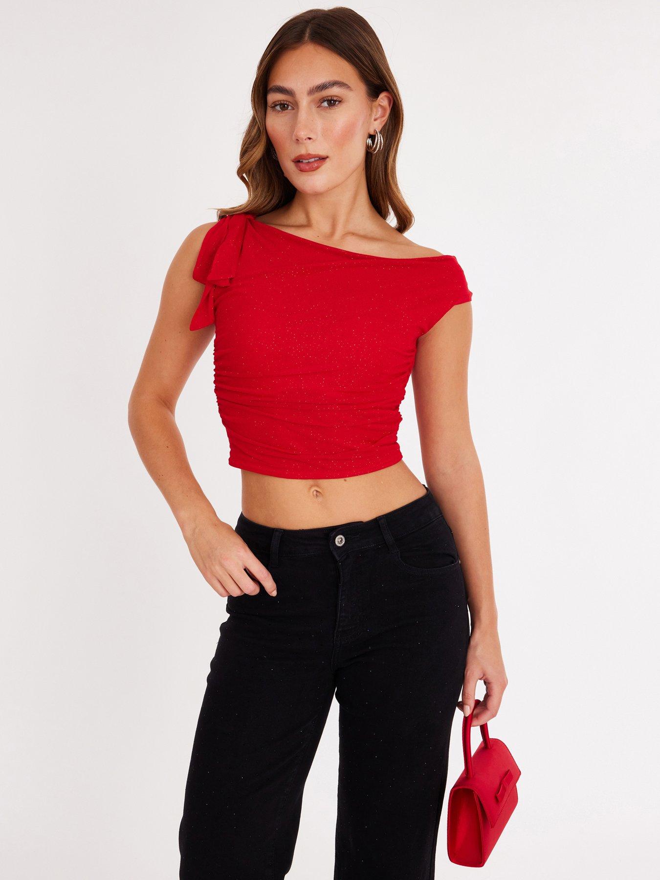 Quiz Red Mesh One Shoulder Top