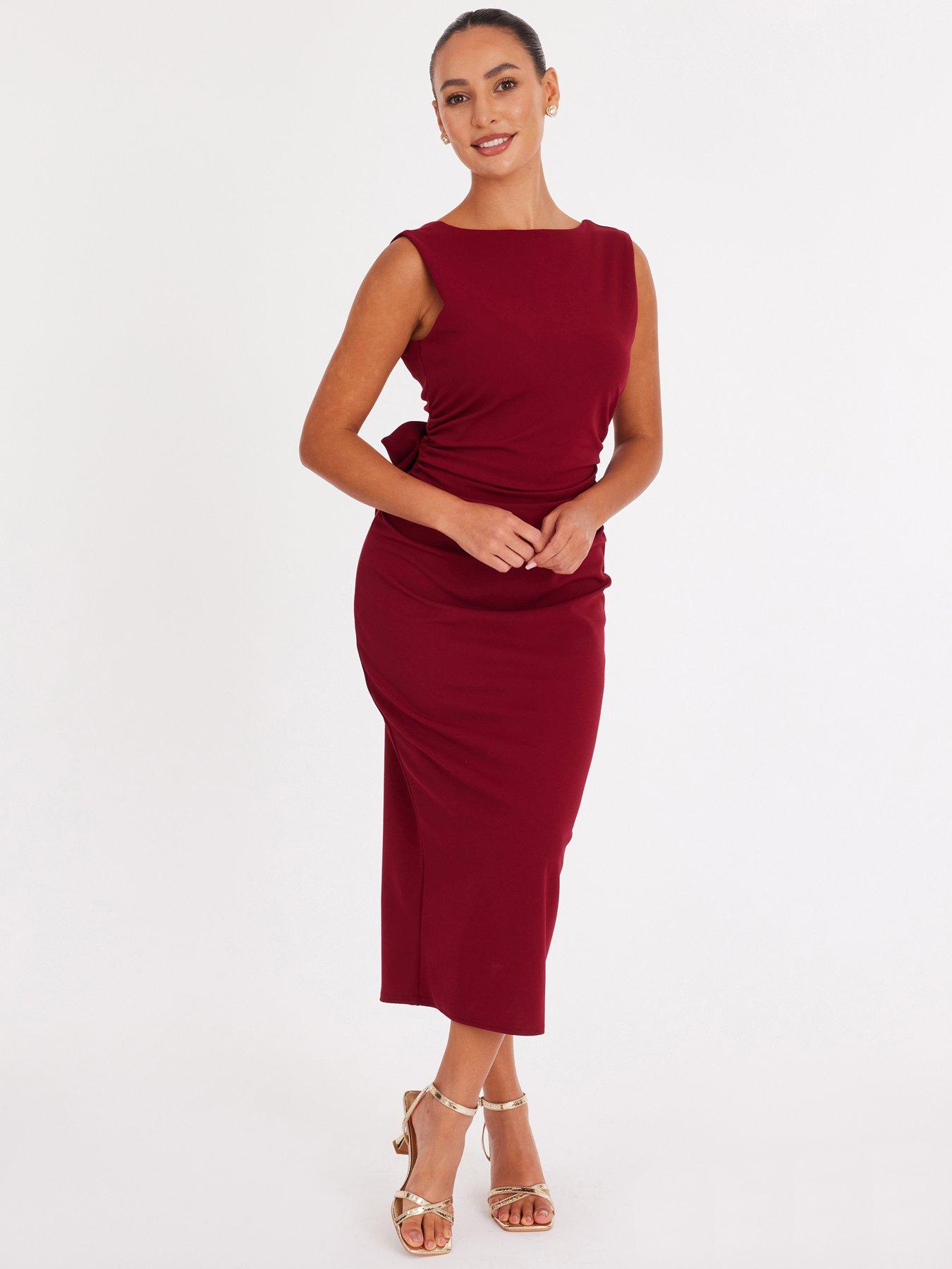 Quiz Petite Burgundy Bow Back Midaxi Dress