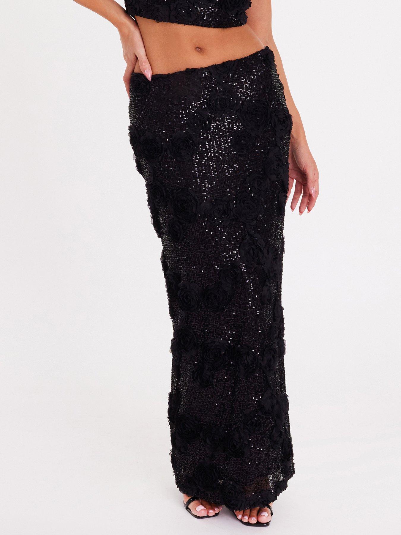 Quiz Black Sequin Floral Midaxi Skirt