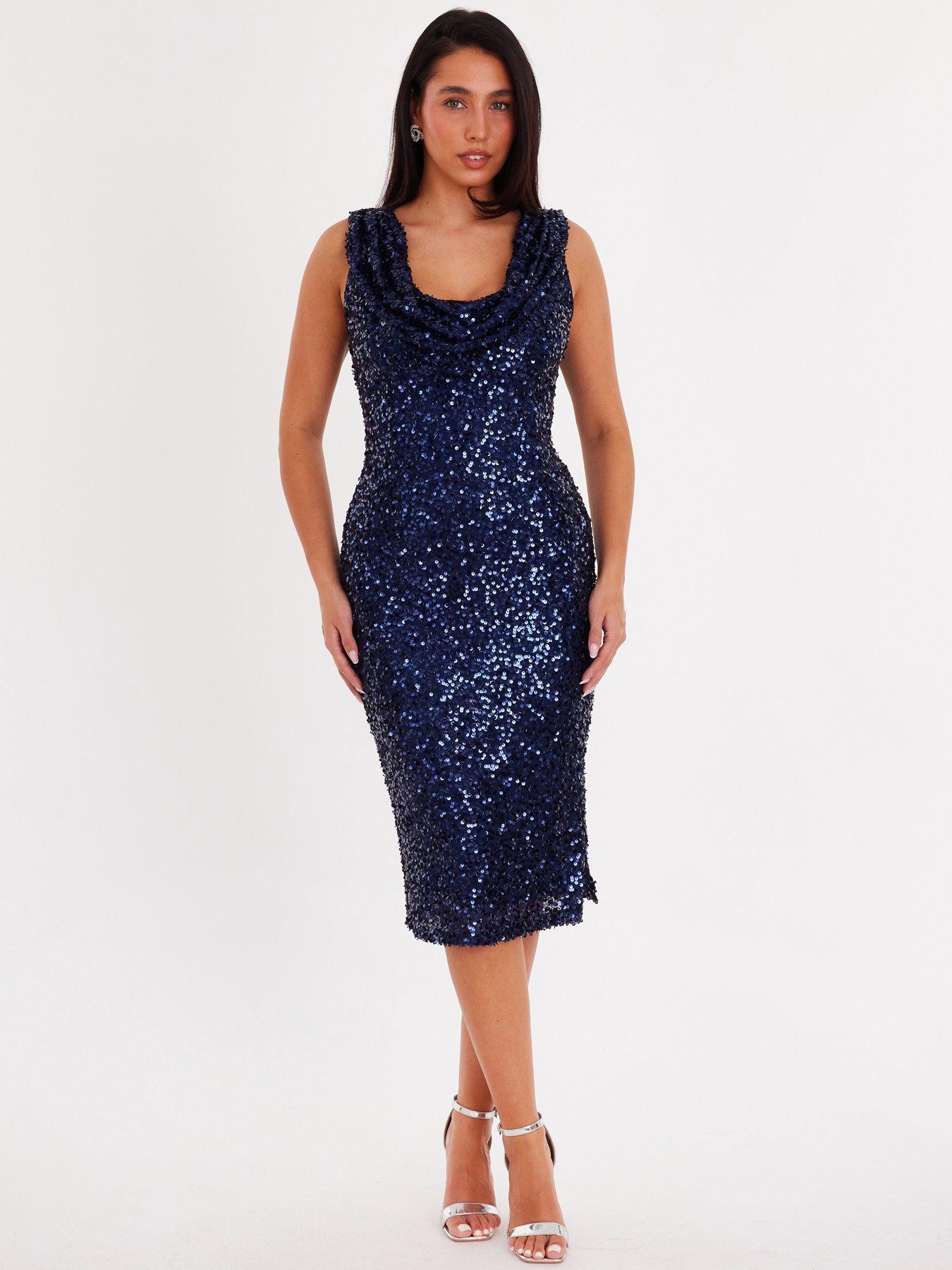 Quiz Navy Sequin Cowl Neck Midi Dress